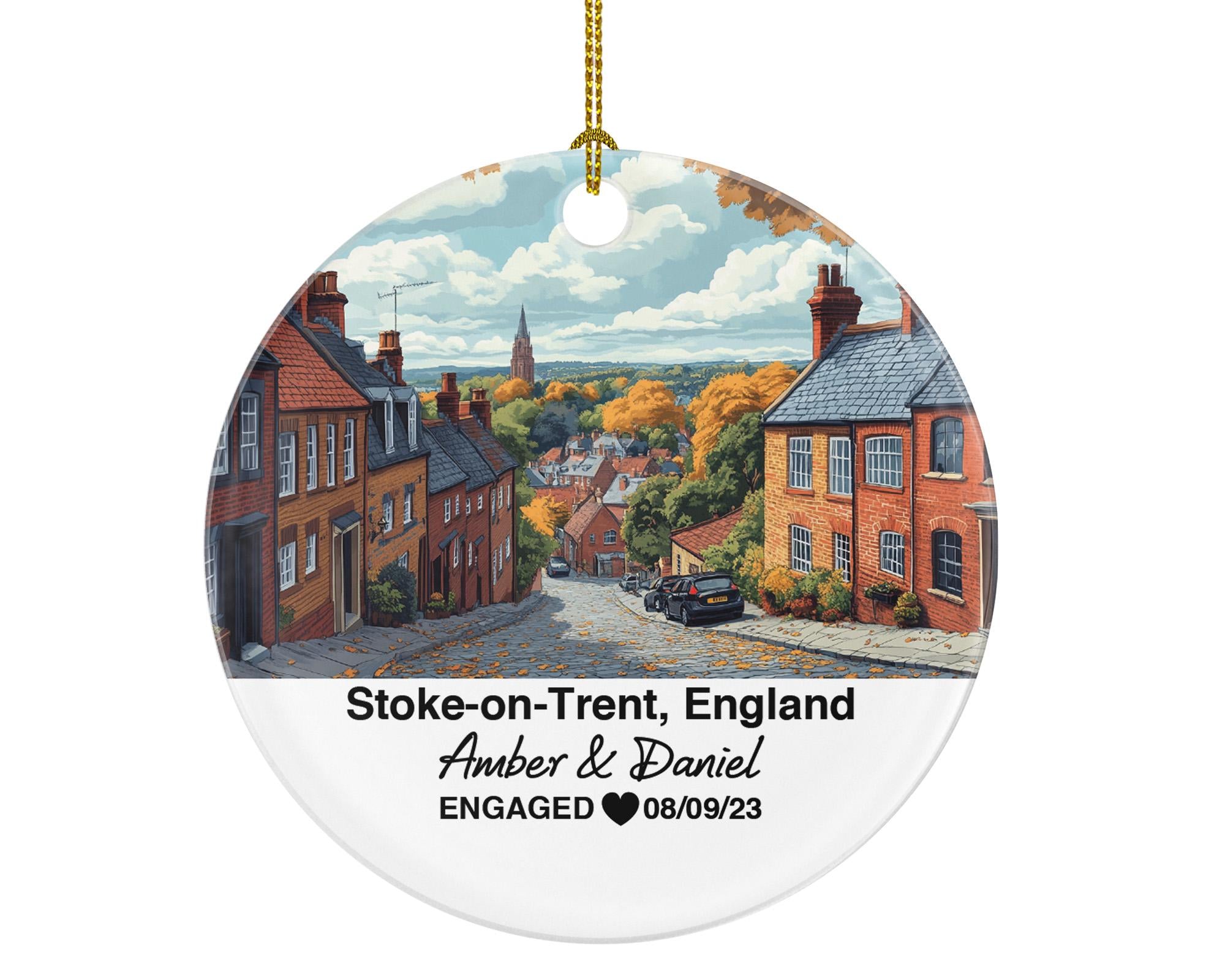 Stoke-on-Trent England Round Ceramic Christmas Ornament – Personalized United Kingdom Keepsake, Custom Couple Gift for Wedding or Honeymoon