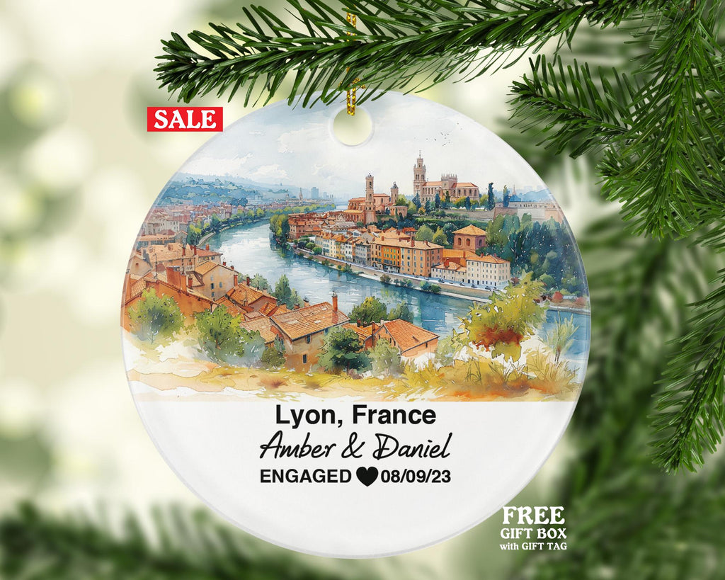 Personalized Lyon France Christmas Ornament, Rhône River, Basilica of Notre-Dame, Mr & Mrs Wedding, Engagement, or Honeymoon Keepsake for Couples