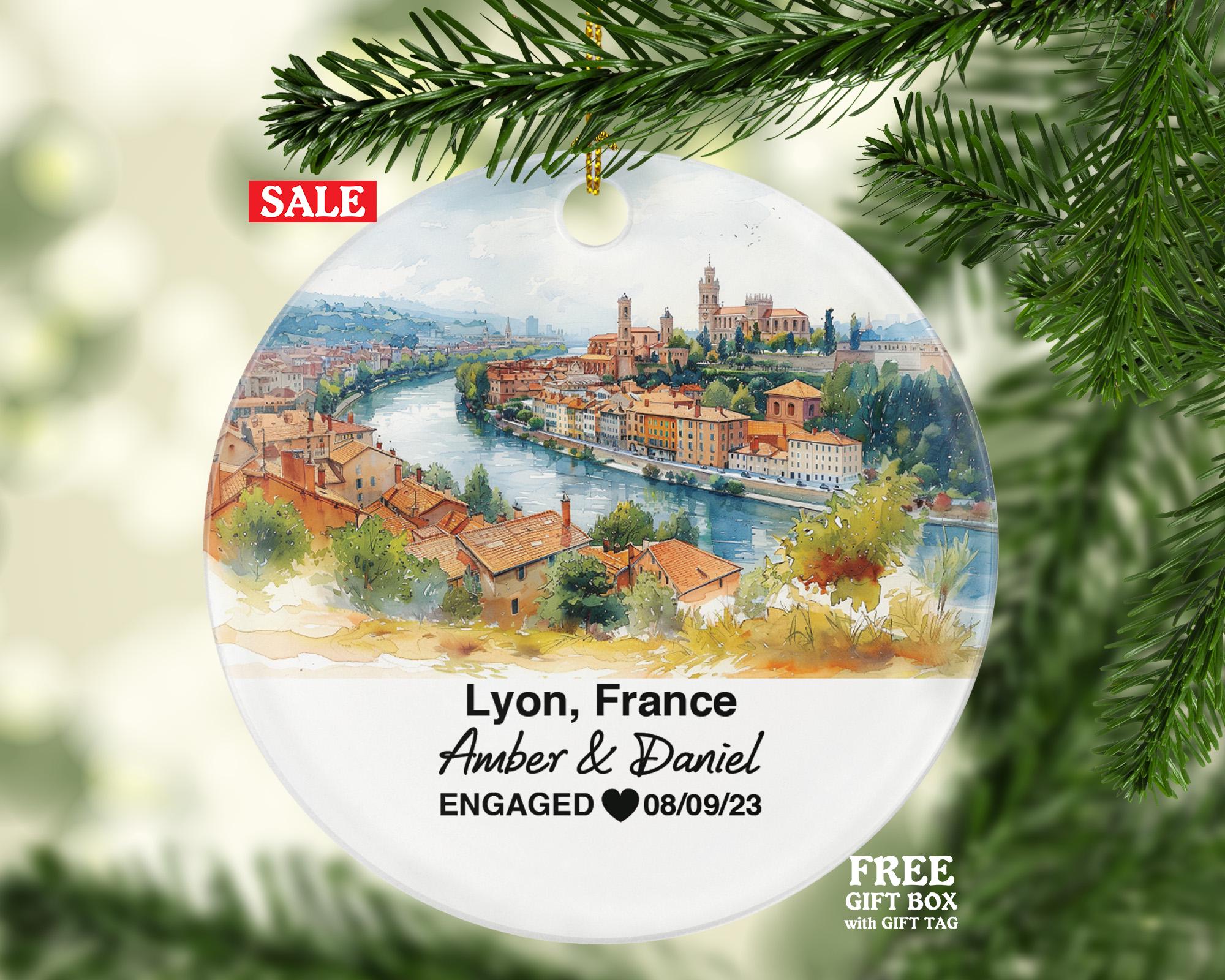 Personalized Lyon France Christmas Ornament, Rhône River, Basilica of Notre-Dame, Mr & Mrs Wedding, Engagement, or Honeymoon Keepsake for Couples