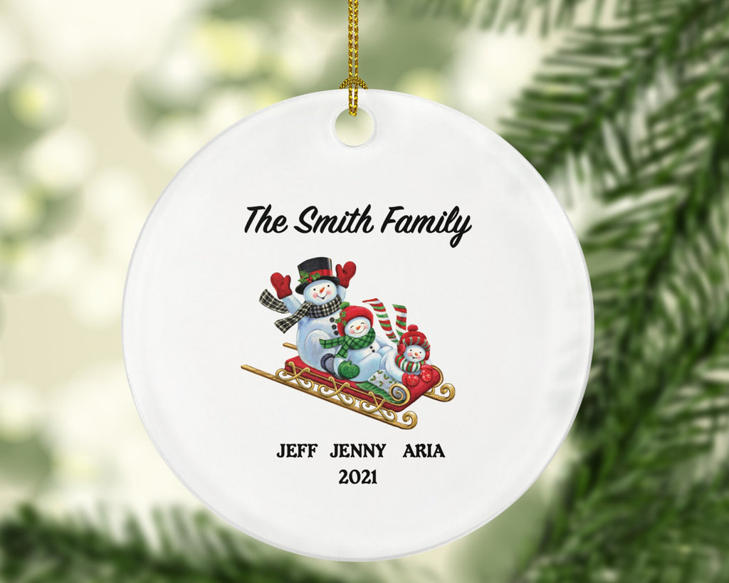 Family of 3 Christmas Ornament Personalized - Parents Mother Father Child Girl Boy Mom Dad Gift - Snowmen Family in Sleigh