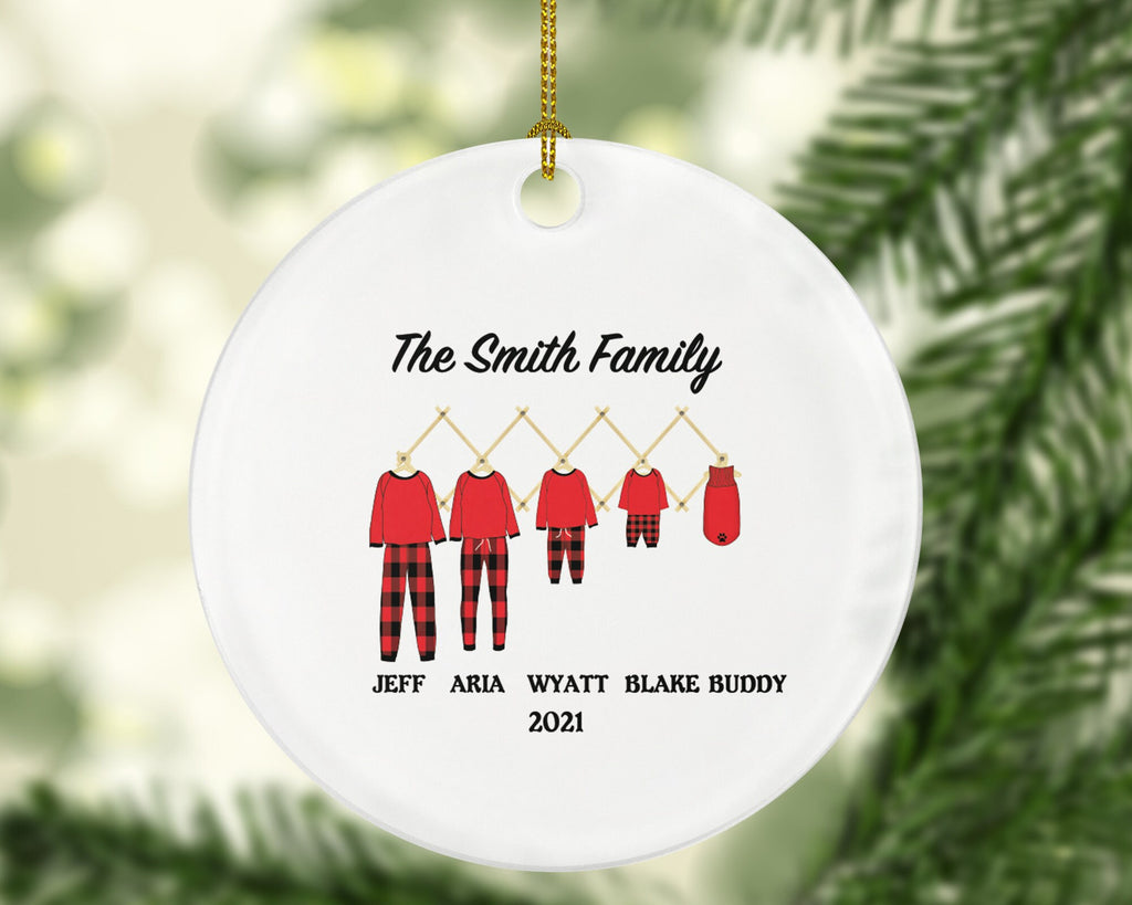 Family Personalized Christmas Ornament - Holiday Pajamas Gift Custom Names Family of 2 3 4 5 - Pet Dog Family