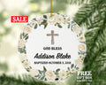 Baptism Ornament God Bless Baby Personalized Gift for Baptize Rustic Baptism Custom Christmas - White Flowers Greenery