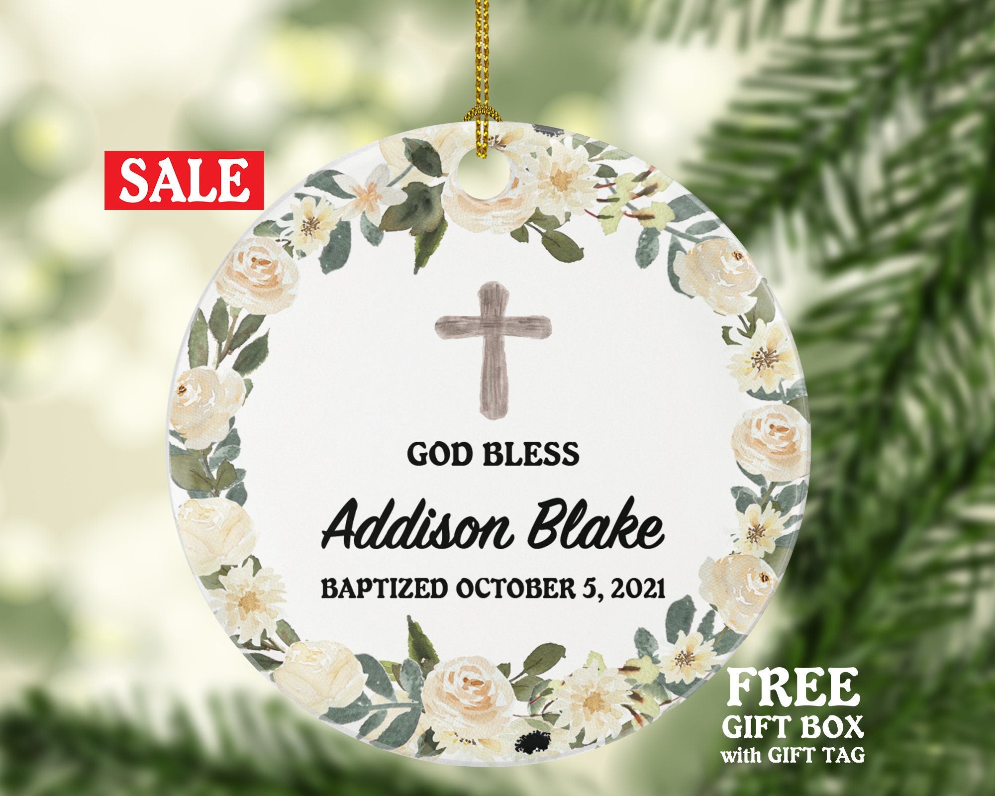 Baptism Ornament God Bless Baby Personalized Gift for Baptize Rustic Baptism Custom Christmas - White Flowers Greenery