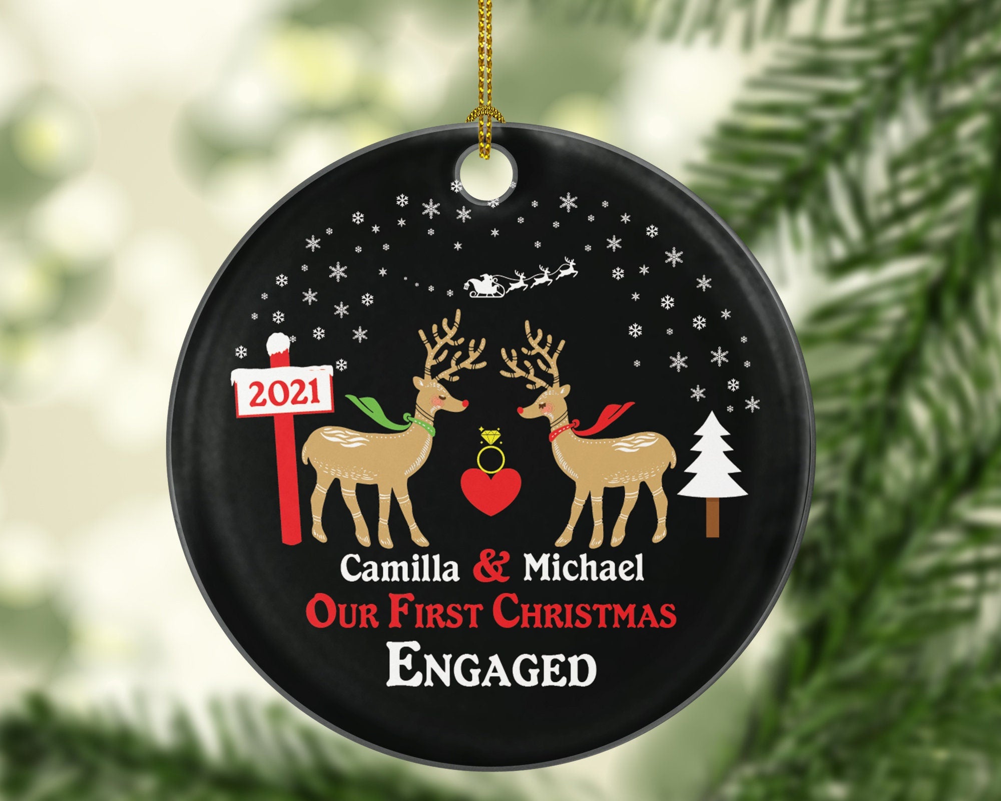 Personalized Engaged Christmas Ornament - Engagement Couple Gift Our First Future Husband Wife Newly Just She Said Yes Deer Reindeer Name