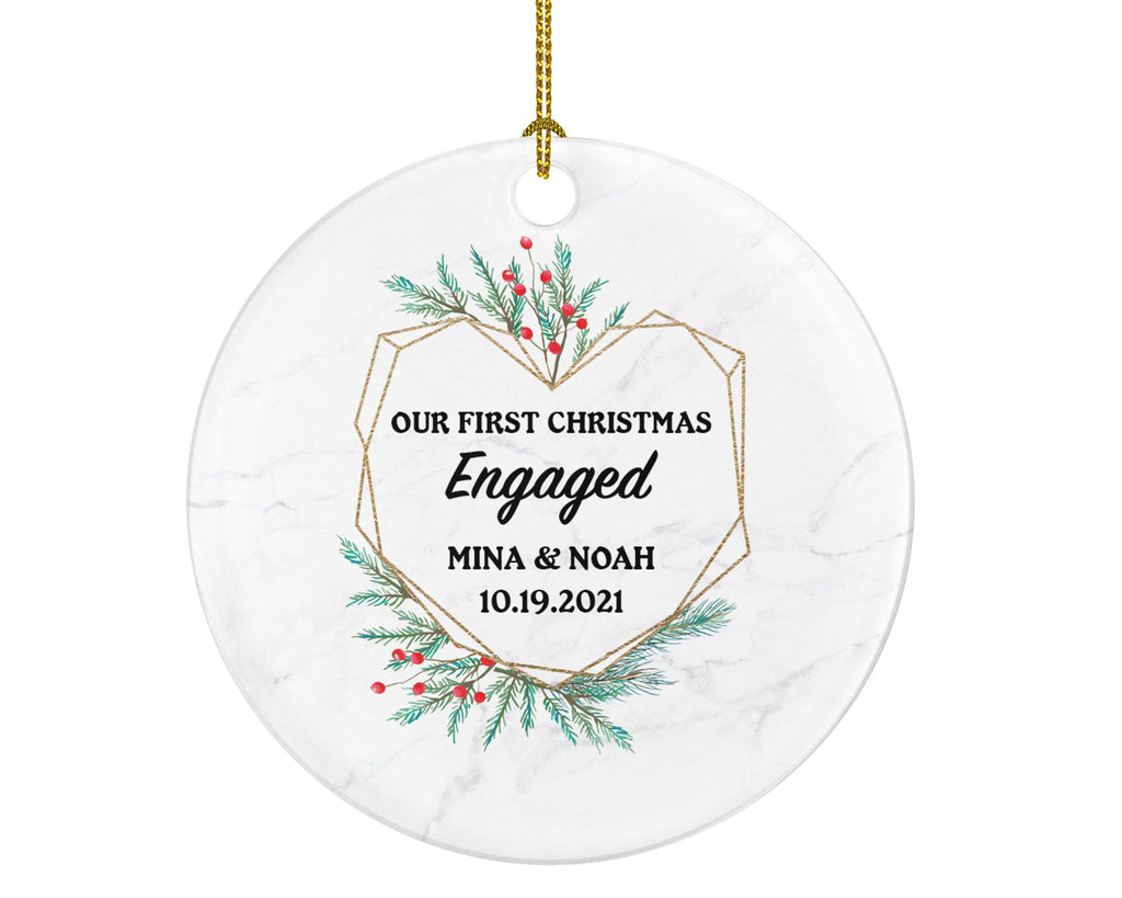 First Christmas Engaged Personalized Ornament - Engagement Announcement Couple Gift - Greenery Heart