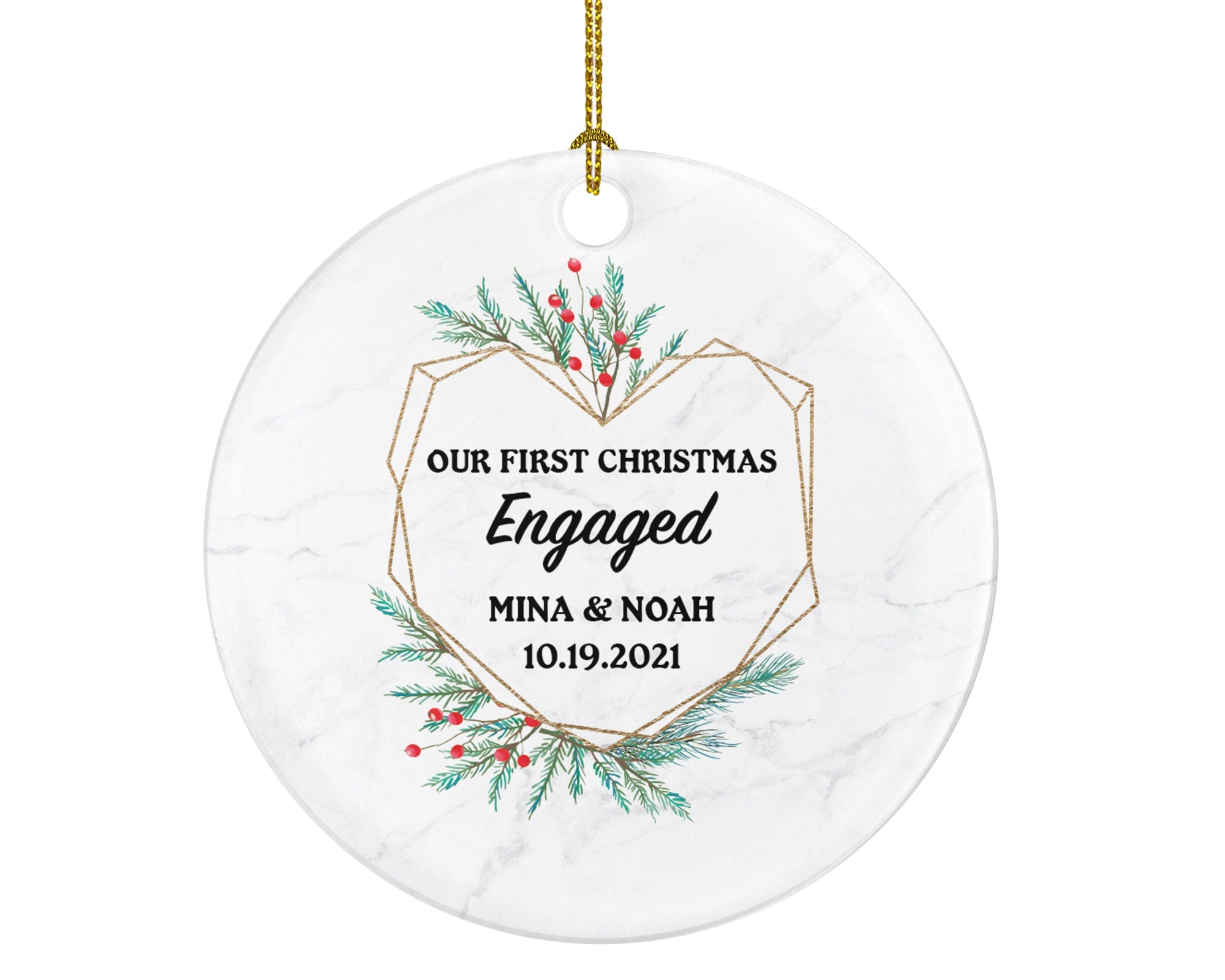 First Christmas Engaged Personalized Ornament - Engagement Announcement Couple Gift - Greenery Heart