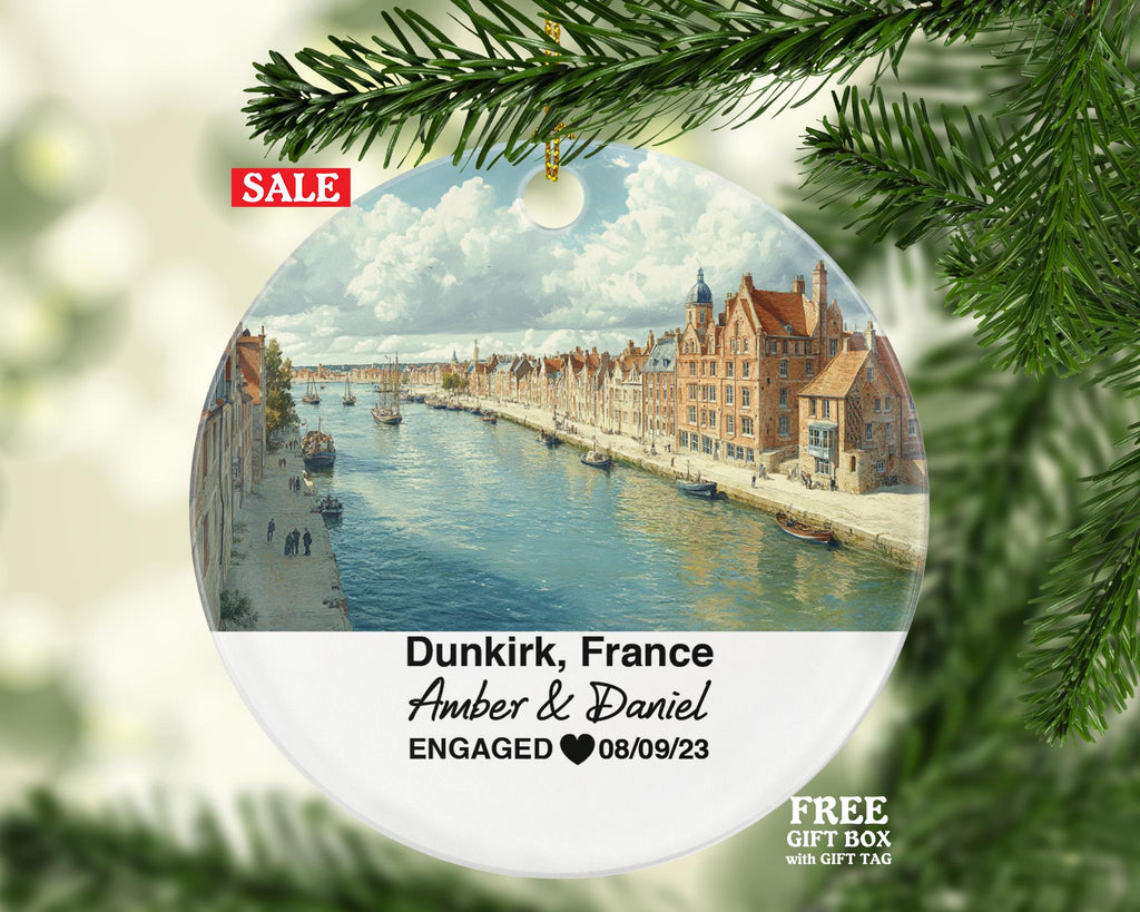 Personalized Dunkirk France Christmas Ornament, Historic Beaches, Lighthouse, Mr & Mrs Wedding, Engagement, or Honeymoon Keepsake to Couples