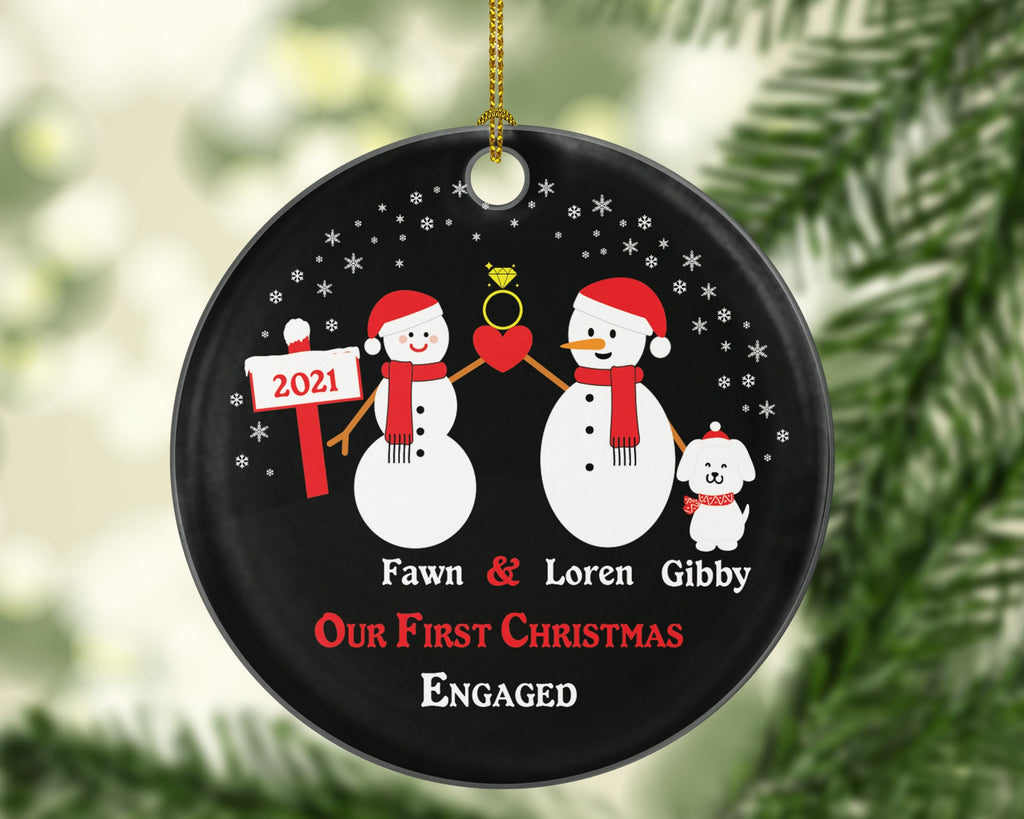 Personalized Engaged Ornament with Dog Pet Fur Family Dad Mom Owner Lover Engagement Ring Snowmen She Said Yes Couple Our First Christmas
