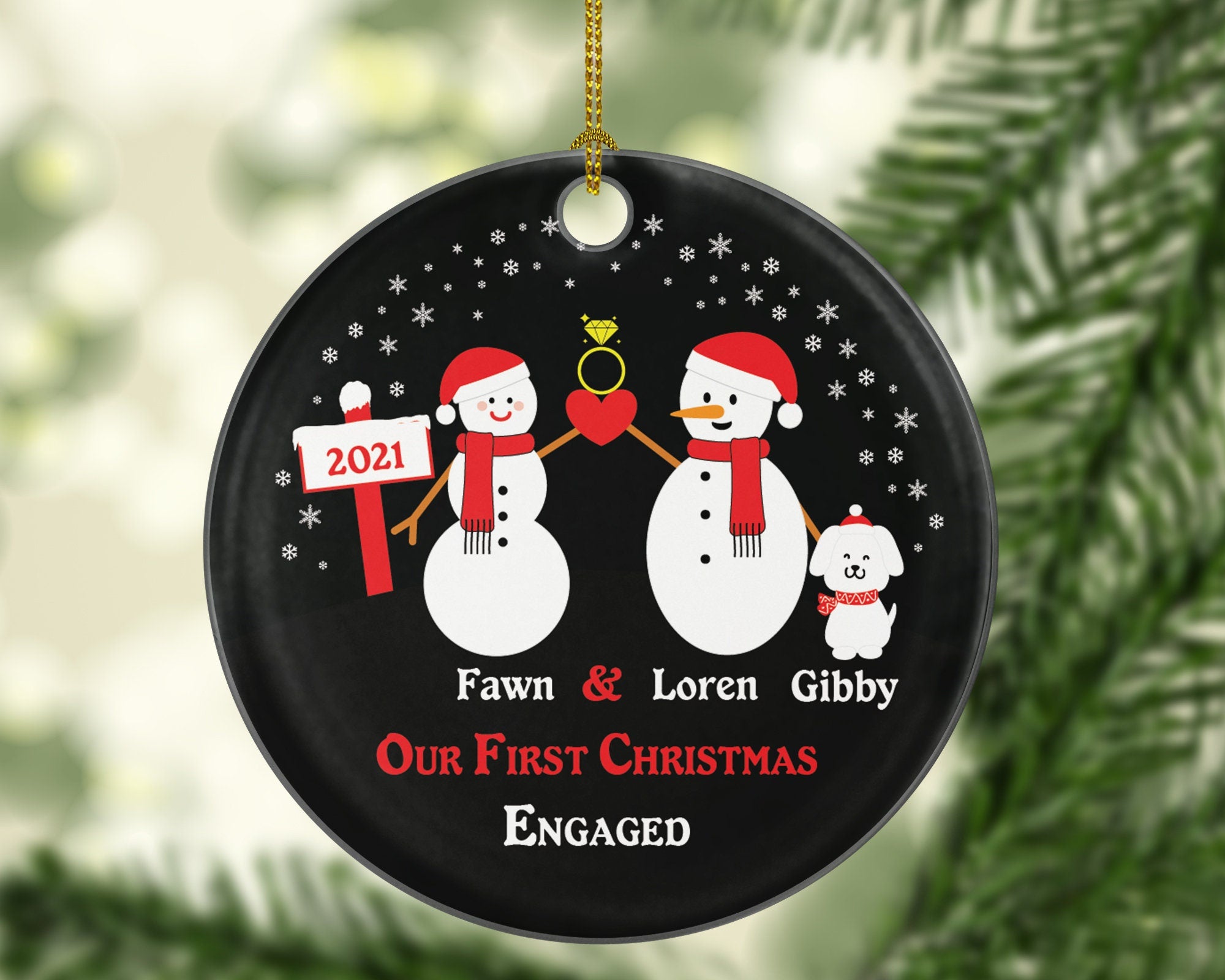 Personalized Engaged Ornament with Dog Pet Fur Family Dad Mom Owner Lover Engagement Ring Snowmen She Said Yes Couple Our First Christmas