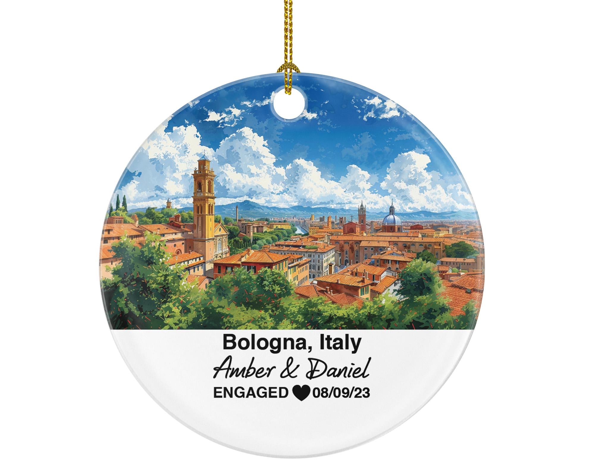 Personalized Bologna Italy Christmas Ornament, Iconic Towers, Historic Center, Mr & Mrs, Engagement, Wedding, Honeymoon Keepsake for Couples