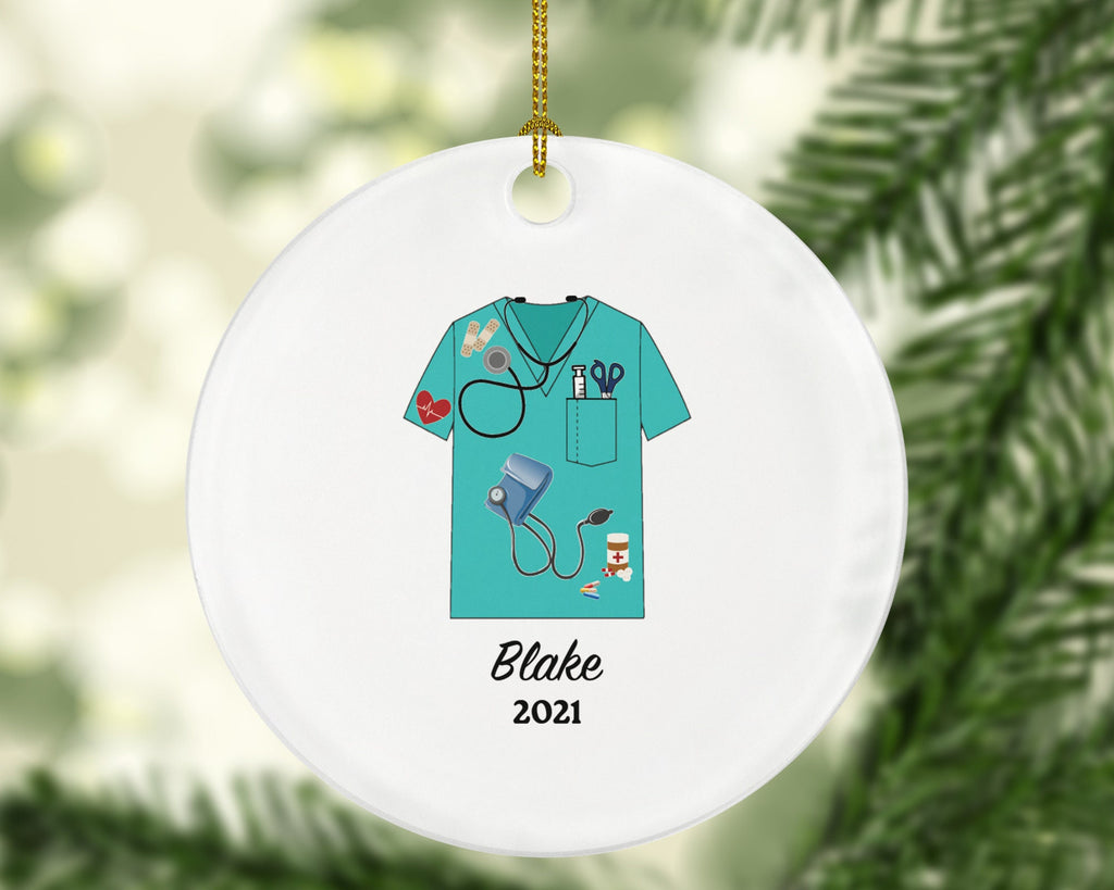 Medical Doctor Scrub Christmas Ornament Personalized - Health Worker Gift for Nurse Physician Physical Therapist Practitioner MD RN