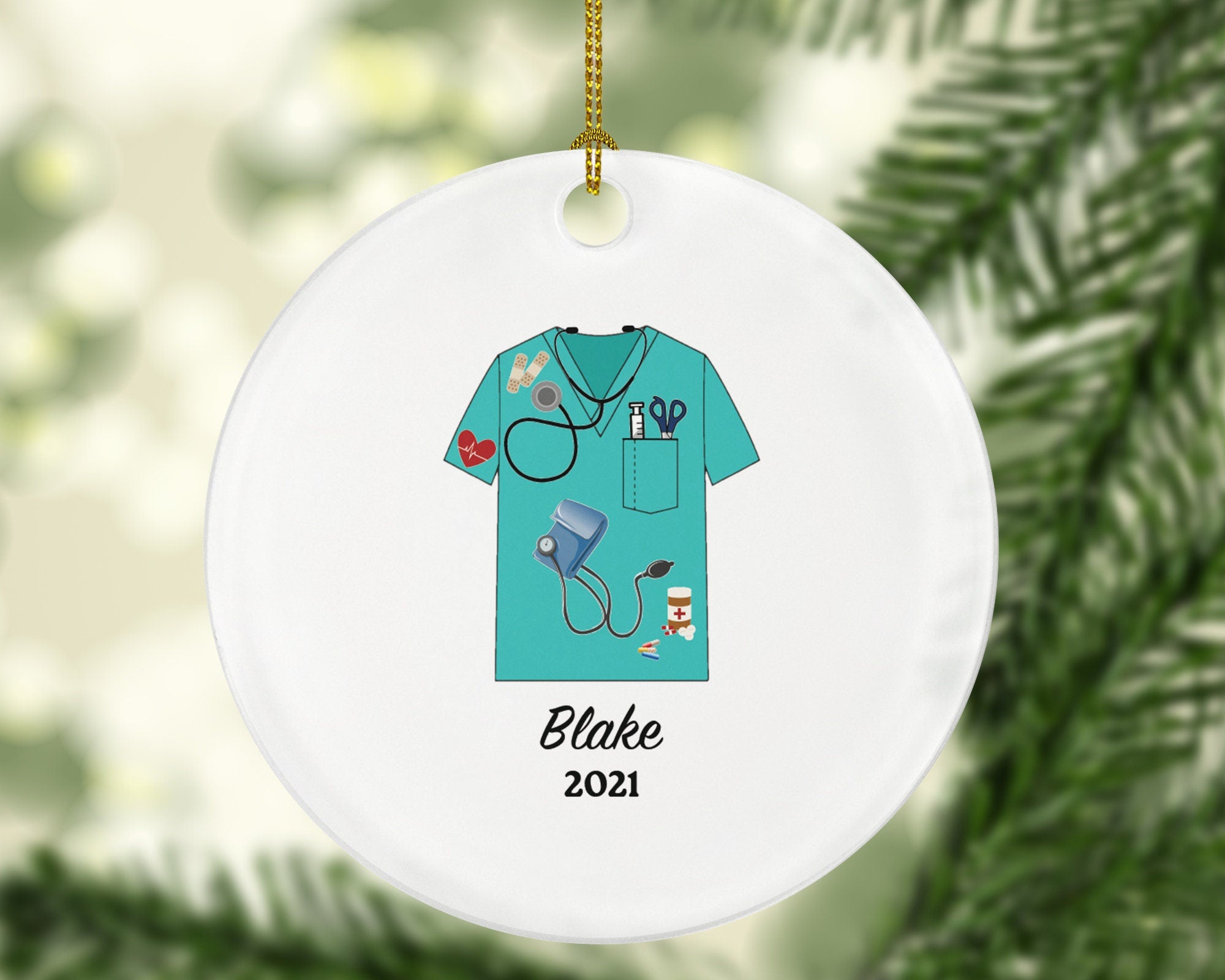 Medical Doctor Scrub Christmas Ornament Personalized - Health Worker Gift for Nurse Physician Physical Therapist Practitioner MD RN