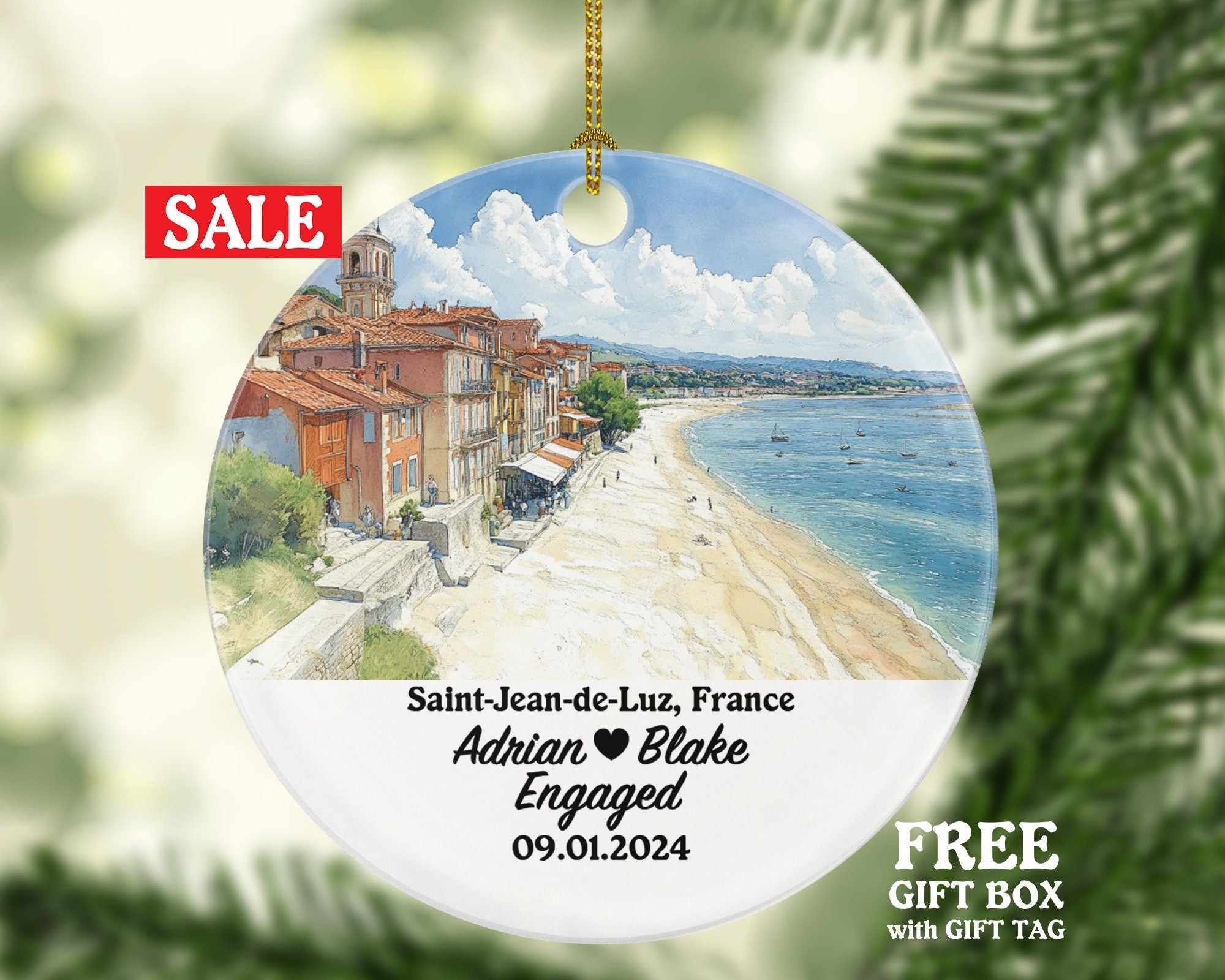 Saint-Jean-de-Luz Christmas Ornament Personalized - France Engaged Married Family Together Couple Travel Honeymoon Engagement Marriage