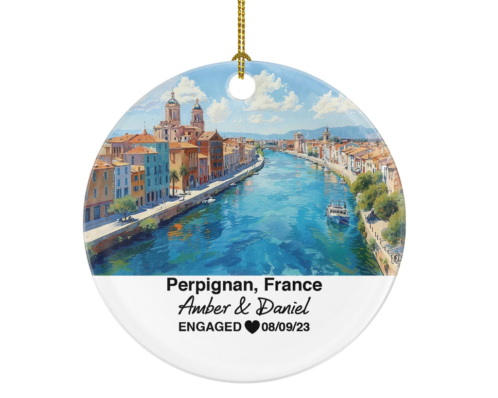 Personalized Perpignan France Christmas Ornament, Palais des Rois de Majorque, Mr & Mrs Wedding, Engagement, Honeymoon Keepsake to Couples