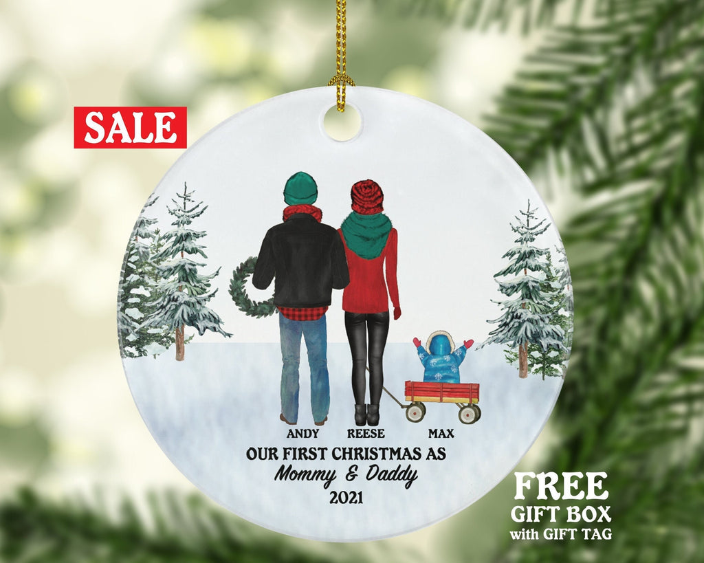Our First Christmas as Mommy and Daddy Ornament - New Baby Girl Boy Parents Mother Father Mom Dad Gift Portrait Kid Child Infant Family of 3