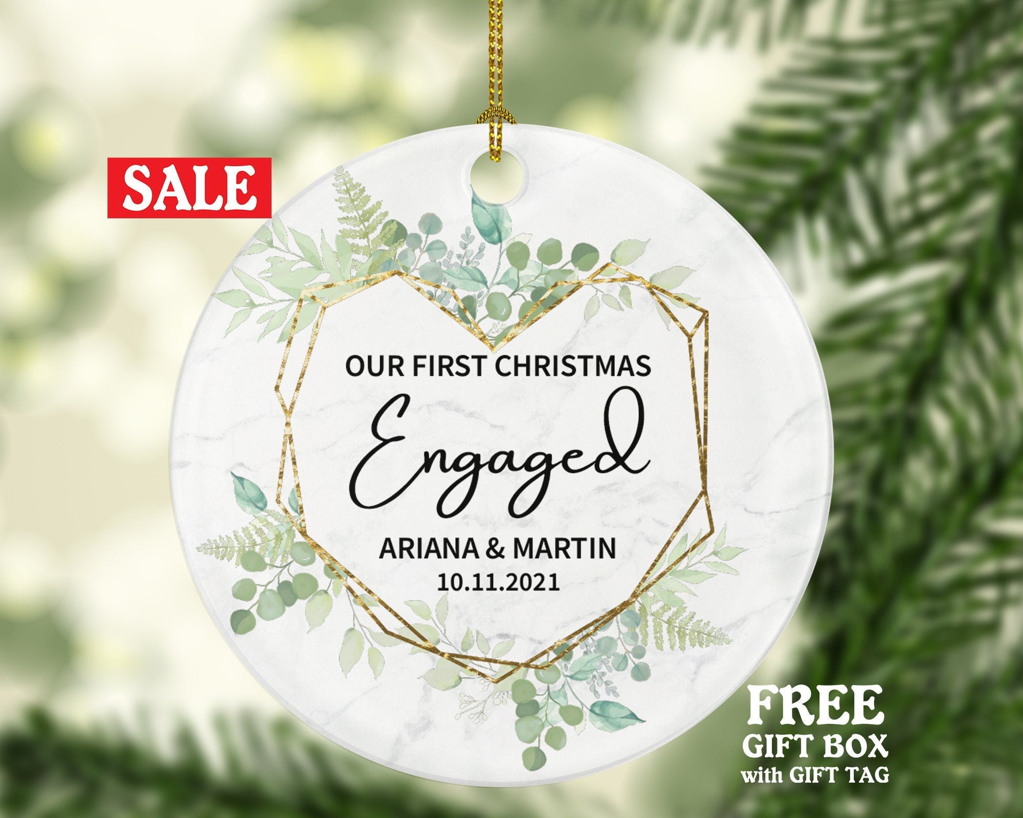 Our First Christmas Engaged Ornament - Personalized Engagement Announcement - Couple Gift - Custom Date and Name