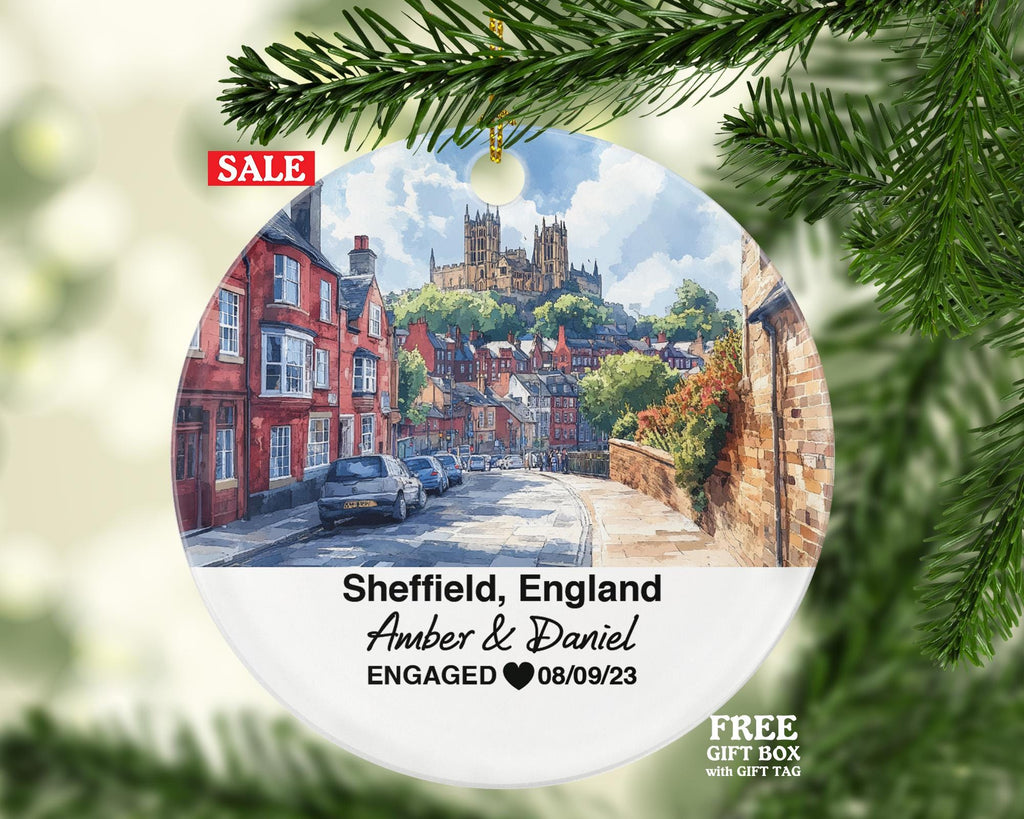 Sheffield England Round Ceramic Christmas Ornament – Personalized United Kingdom Keepsake, Custom Couple Gift for Wedding or Honeymoon