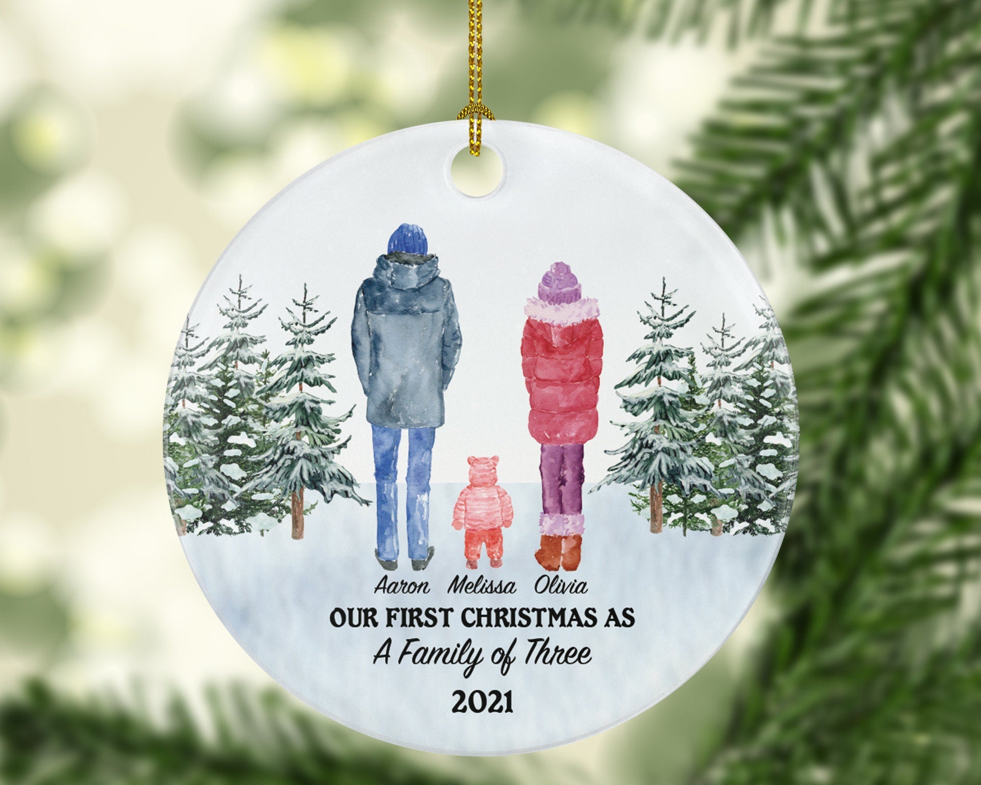 Our First Christmas as a Family of 3 Ornament - New Baby Girl Boy Parents Mother Father Mom Dad Gift Watercolor Winter Kid Child