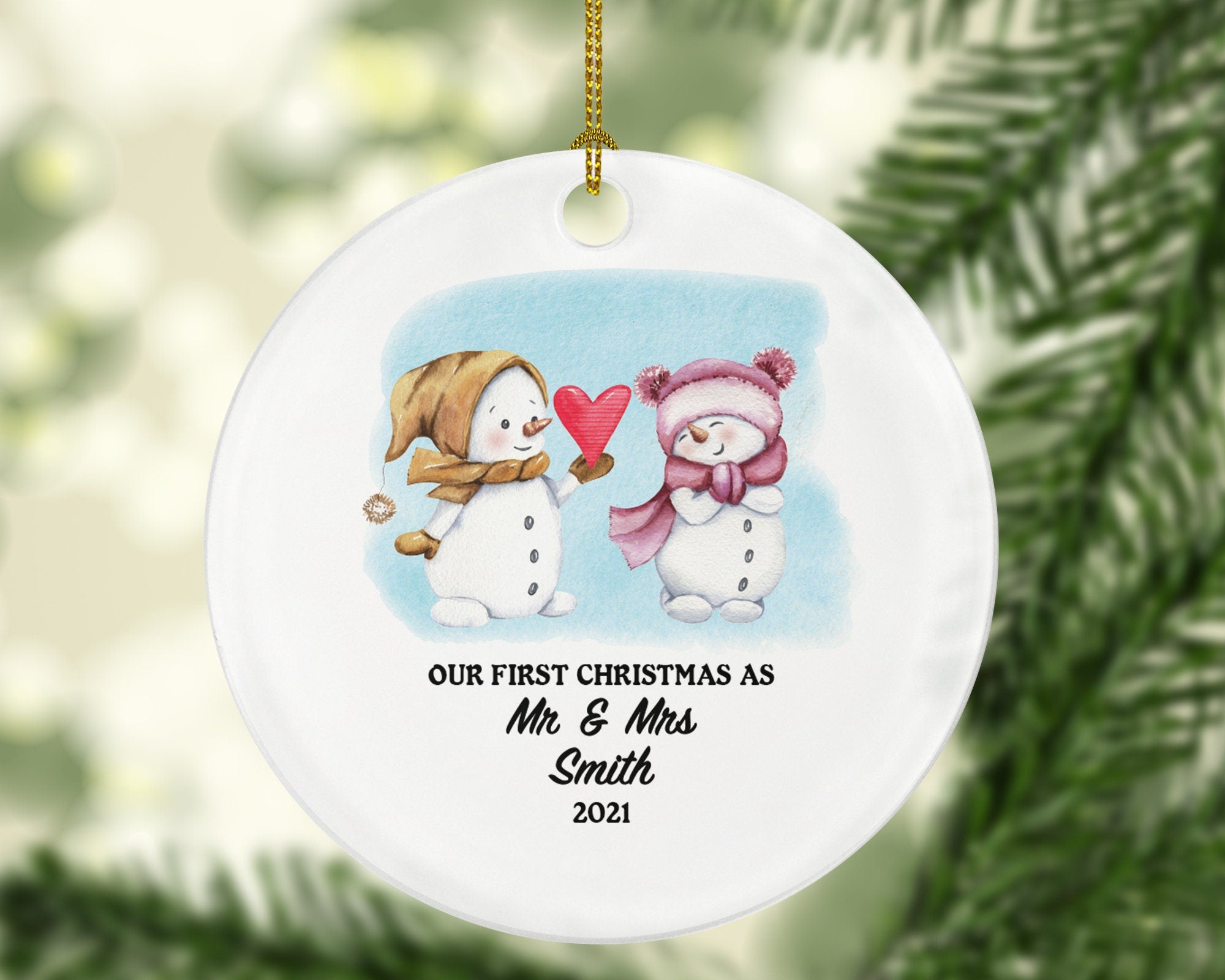 First Christmas as Mr & Mrs Married Couple Christmas Ornament Personalized - Newlywed Mr. and Mrs. Wedding Gift - Snowmen