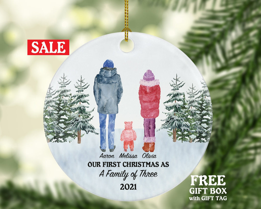 Our First Christmas as a Family of 3 Ornament - New Baby Girl Boy Parents Mother Father Mom Dad Gift Watercolor Winter Kid Child
