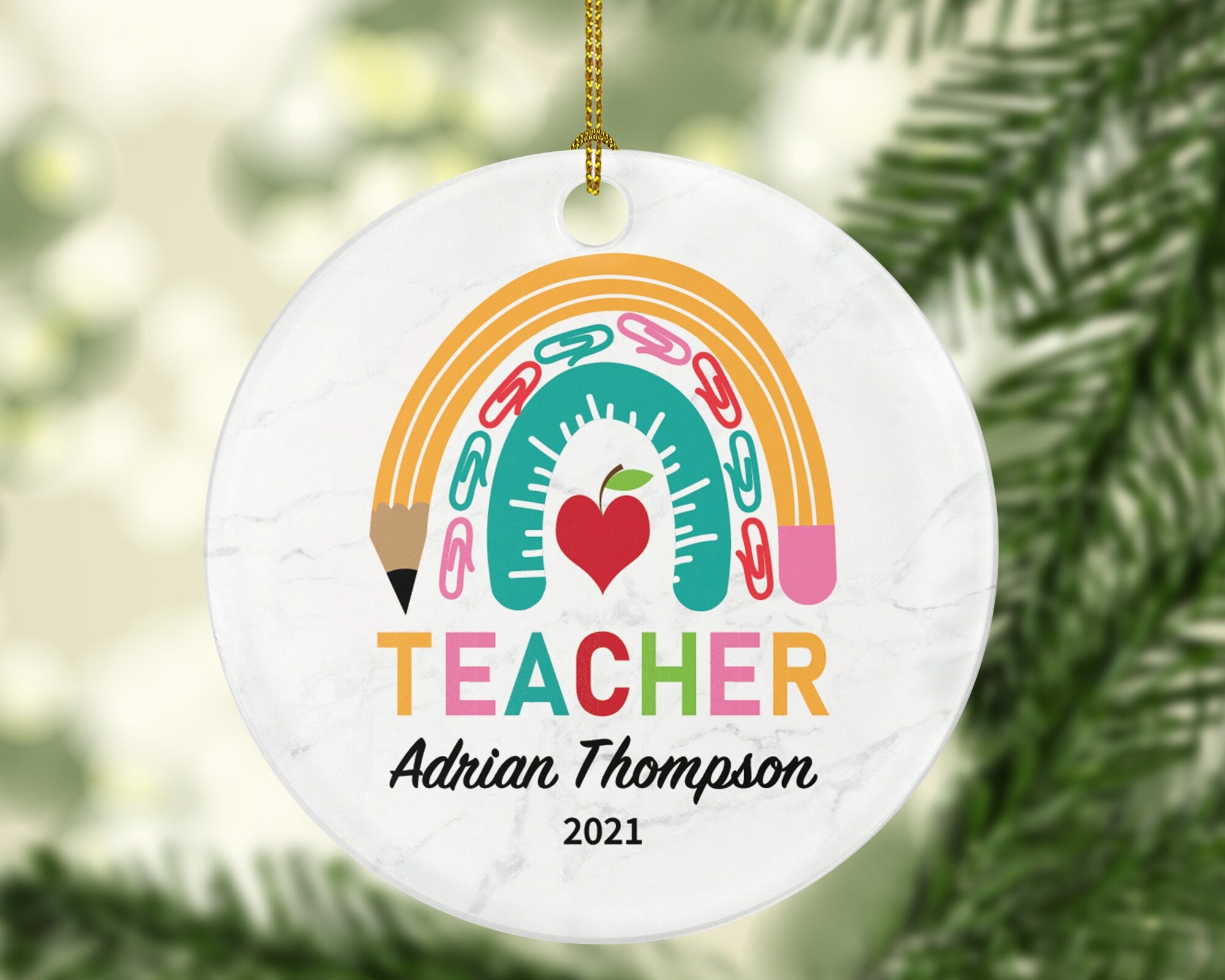 Teacher Ornament Personalized - Custom Gift from Student Appreciation Mr Mrs School Rainbow Graduate Graduation