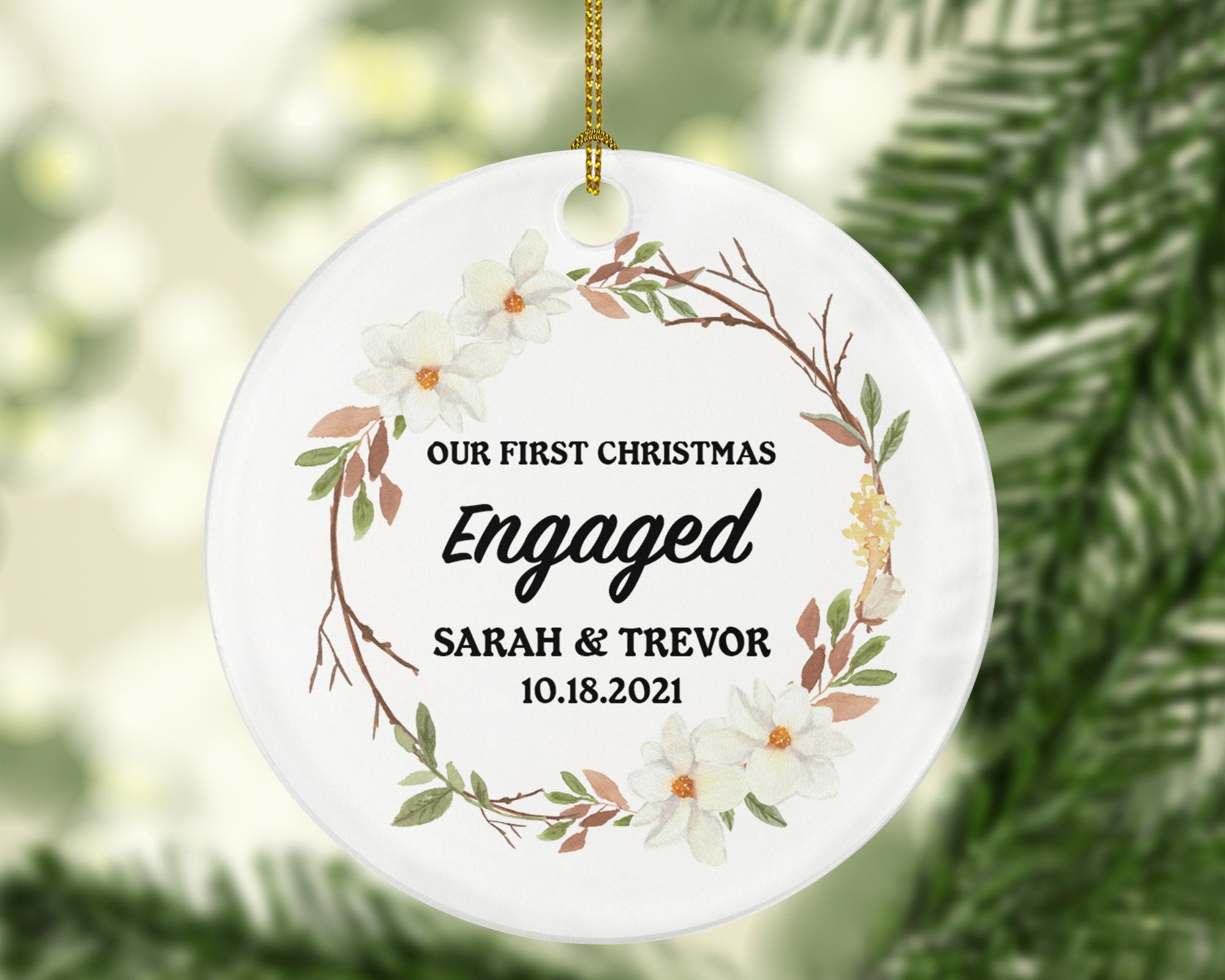 First Christmas Engaged Personalized Ornament - Engagement Announcement Couple Gift - Flowers