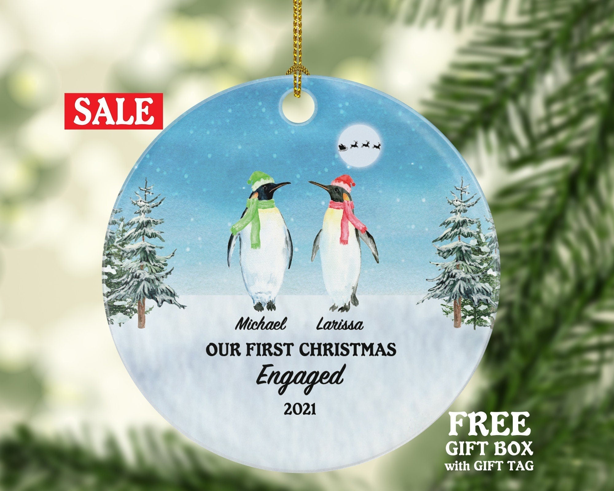 First Christmas Engaged Custom Ornament - Personalized Engagement Announcement Penguin Couple Gift - Custom Date Name - Future Husband Wife
