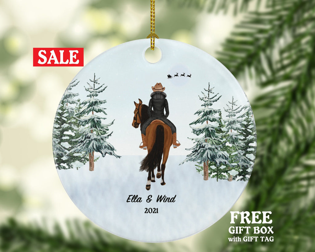 Riding a Horse Rider Christmas Ornament Personalized | Custom Names Horse Lover Gift Girl Female on a Horse
