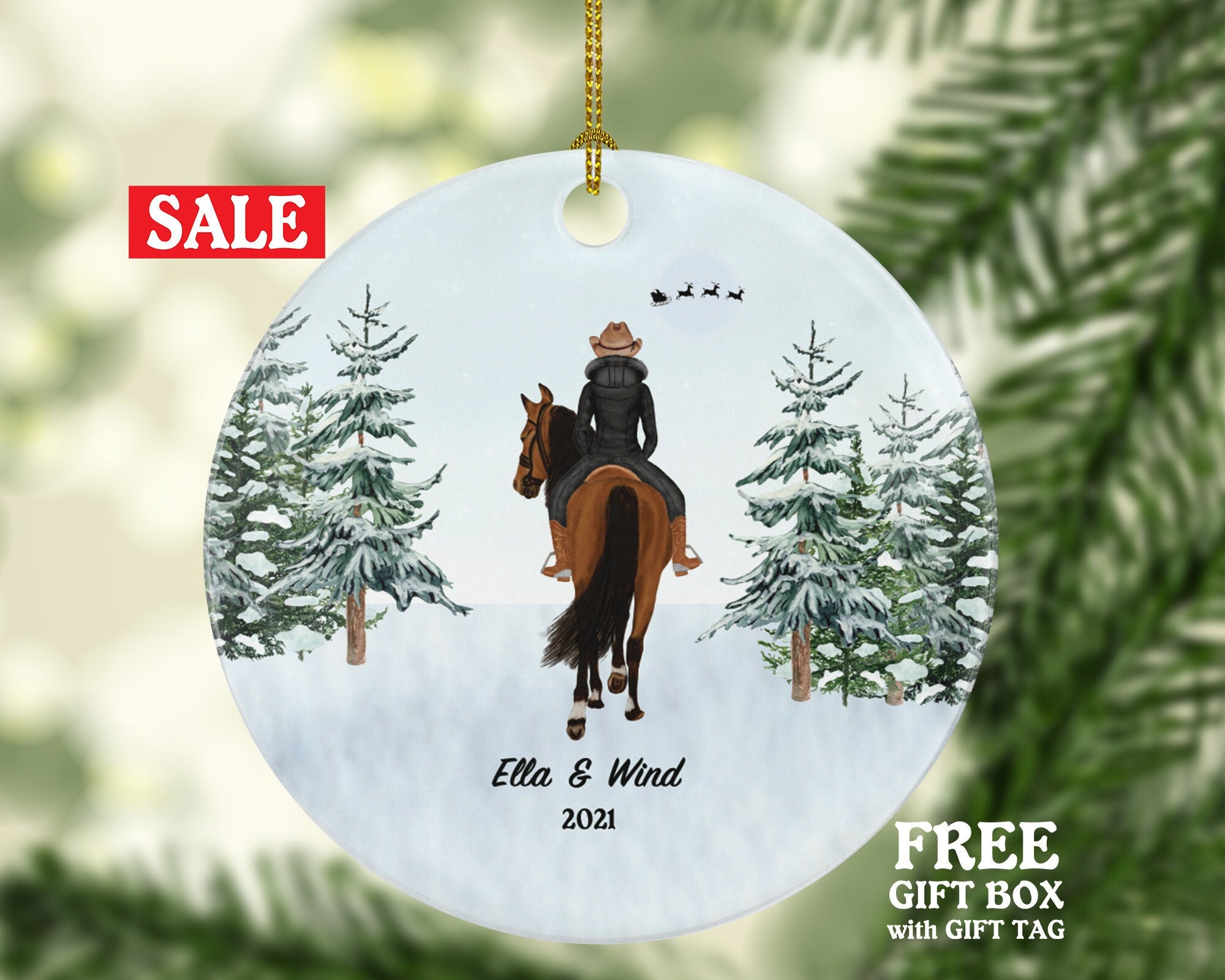 Riding a Horse Rider Christmas Ornament Personalized | Custom Names Horse Lover Gift Girl Female on a Horse