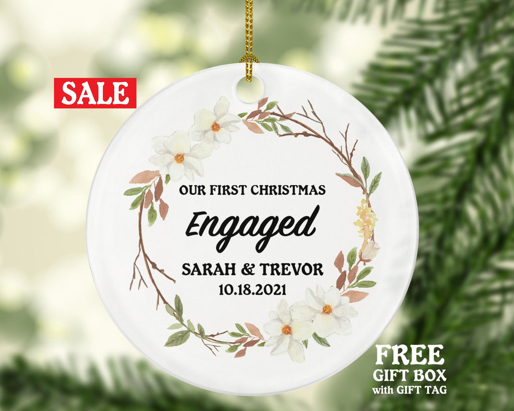 First Christmas Engaged Personalized Ornament - Engagement Announcement Couple Gift - Flowers