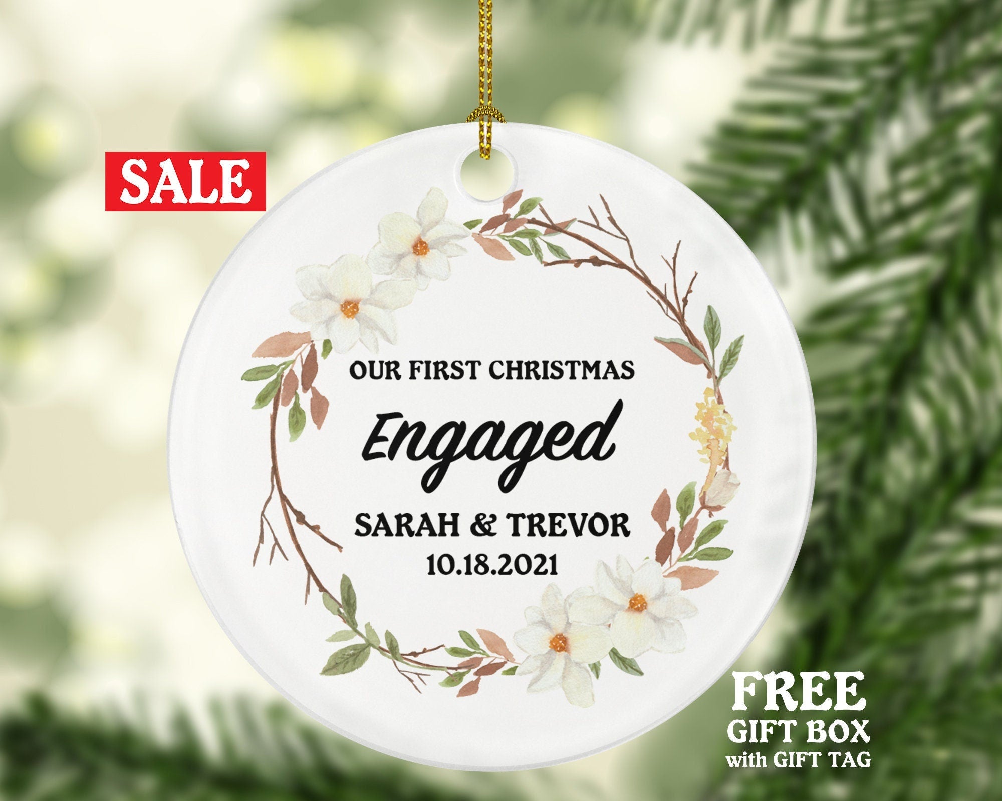 First Christmas Engaged Personalized Ornament - Engagement Announcement Couple Gift - Flowers