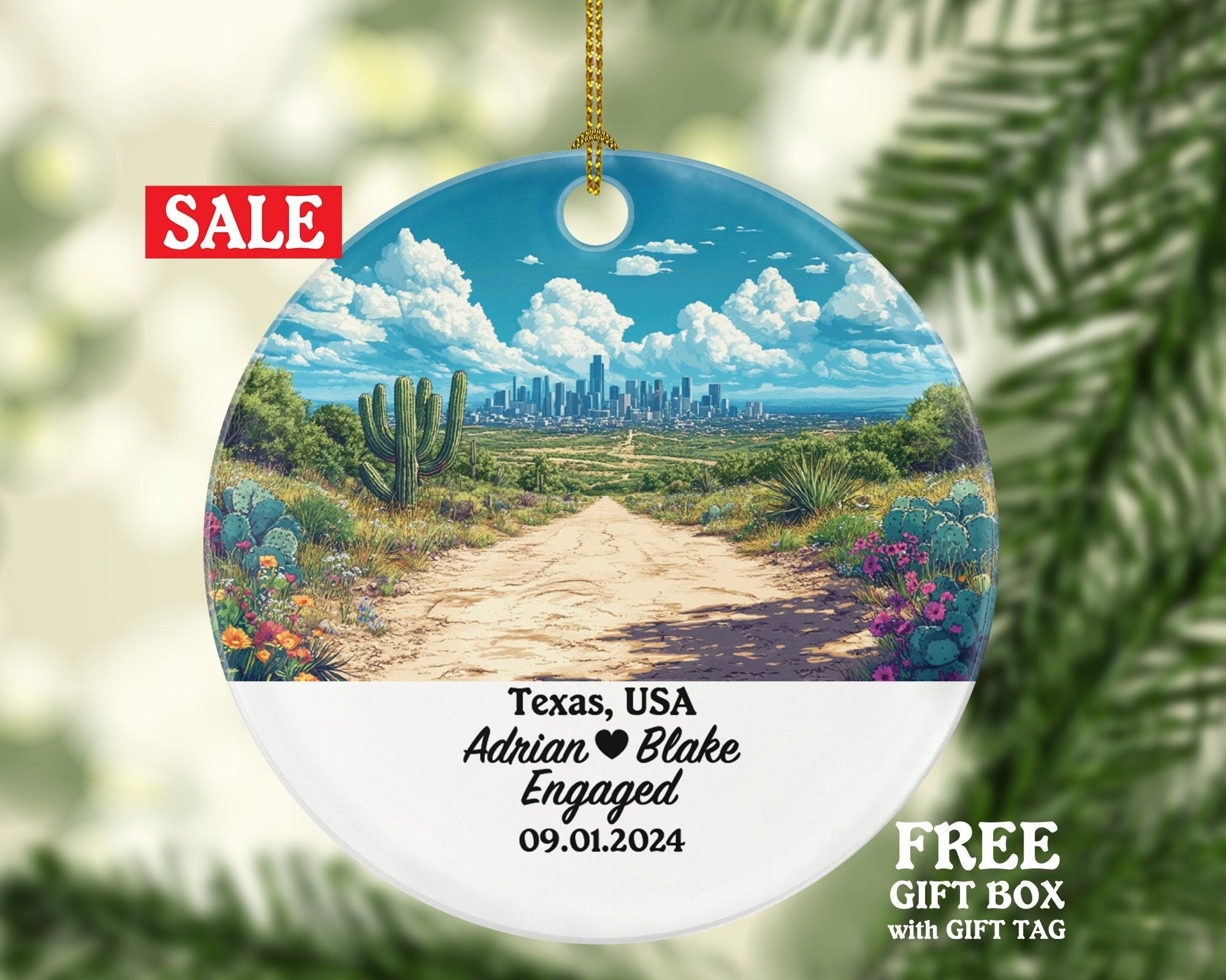 Texas Christmas Ornament Personalized - TX Engaged Married Family Together Couple Travel Honeymoon Engagement Marriage
