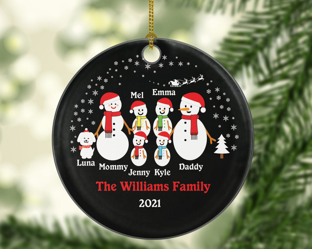 Personalized Family of 6 Christmas Ornaments with Dog Pet, Snowman Family Christmas Ornaments, 6 Snowmen Christmas Ornament, Big Family