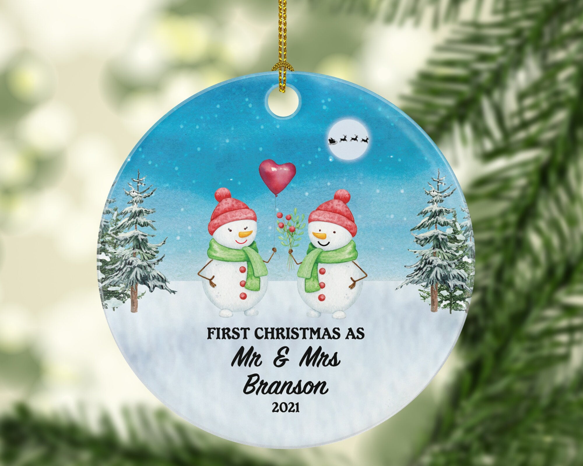 Personalized Our First Christmas as Mr & Mrs Ornament Just Married Newlywed Wedding Bride Groom Love Couple Mr. and Mrs. Present Snowmen