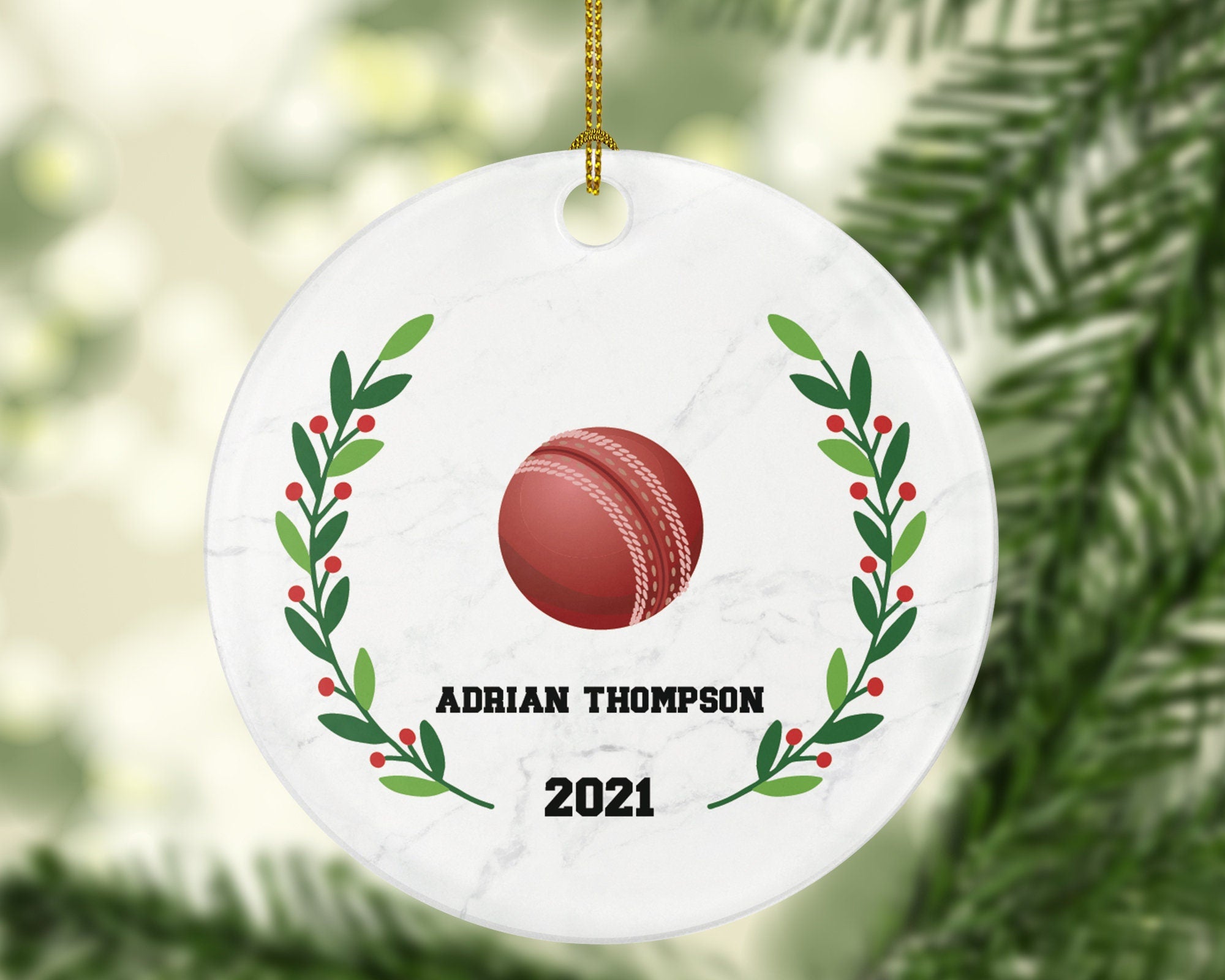 Cricket Ball Christmas Ornament Personalized, Cricket Ball, Custom Name and Year Cricket Ball Christmas Tree Decor