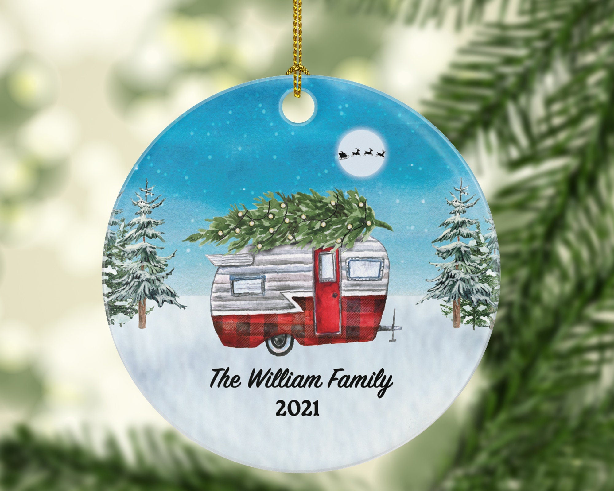 Camping Pull Trailer RV Camper Family Christmas Ornament - Personalized Vacation Red Lumberjack Recreational Gift Vintage