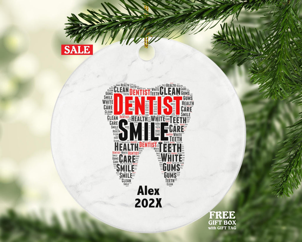 Personalized Dentist Christmas Ornament – Custom Dental Gift – Tooth Shaped Ornament – Dental Student or Hygienist Keepsake