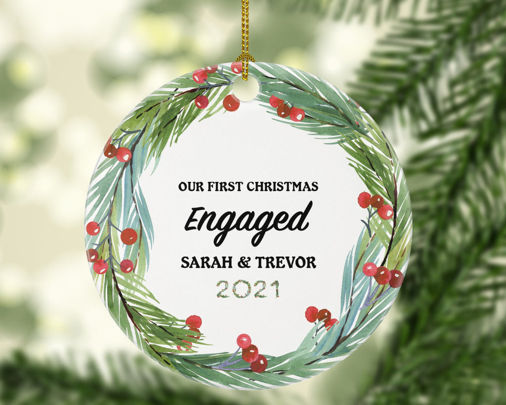 First Christmas Engaged Personalized Ornament - Engagement Announcement Couple Gift - Greenery