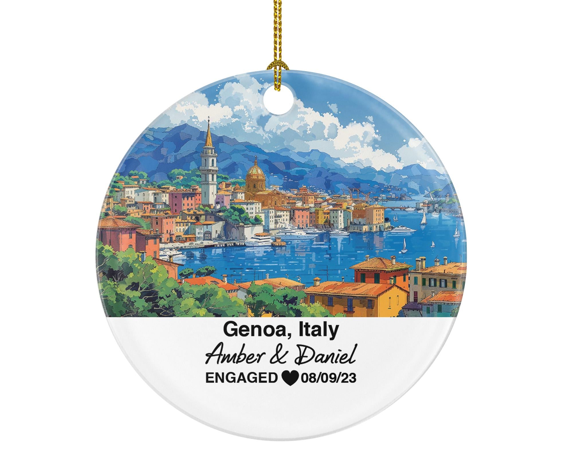 Custom Genoa Italy Christmas Ornament, Piazza De Ferrari, Personalized Couple Gift, Celebrate Your Wedding, Engagement, or Honeymoon