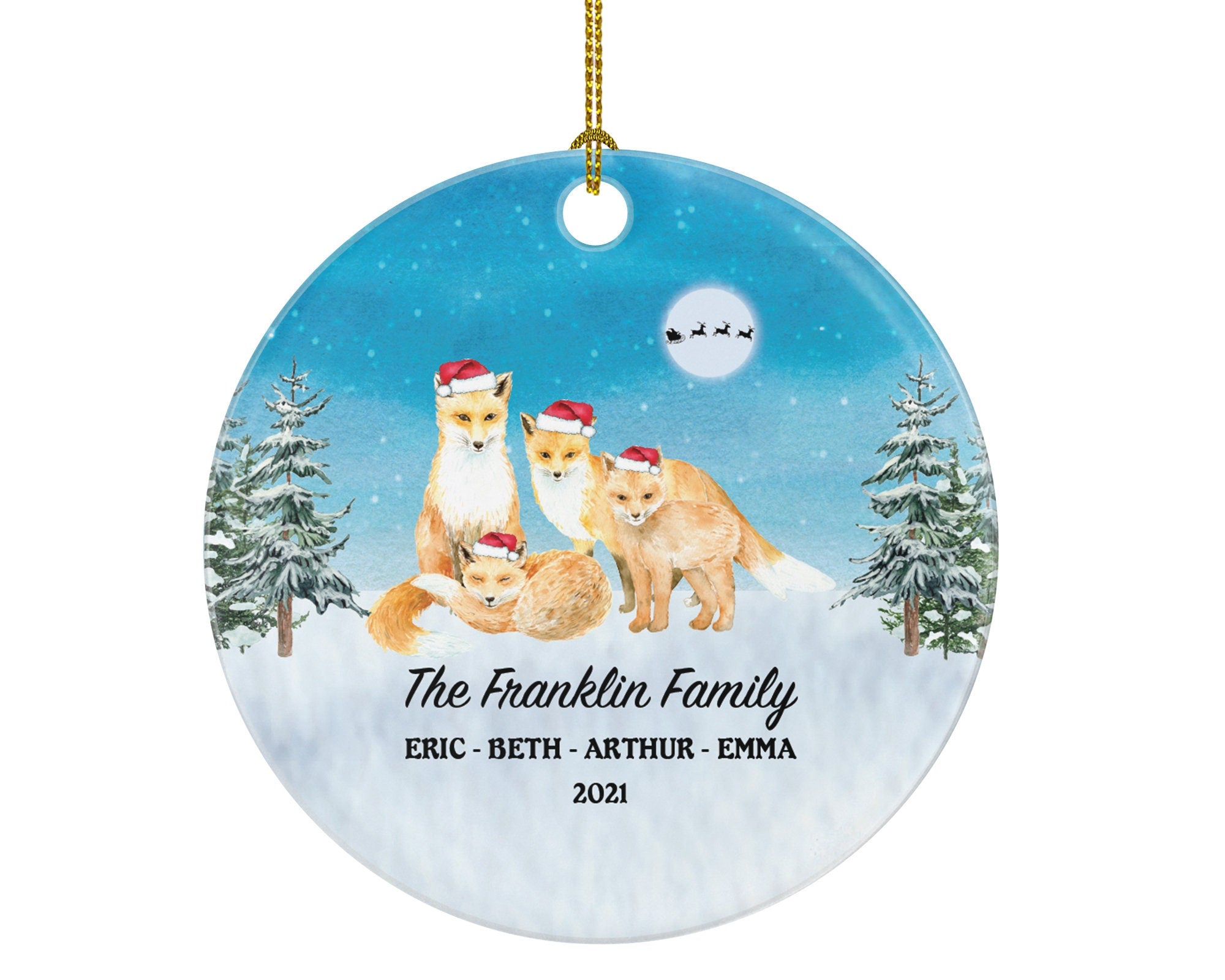 Personalized Family of 4 Christmas Ornaments Fox Foxes Family Custom Names Watercolor Family of Four First Ornament Gift for with Kids Xmas