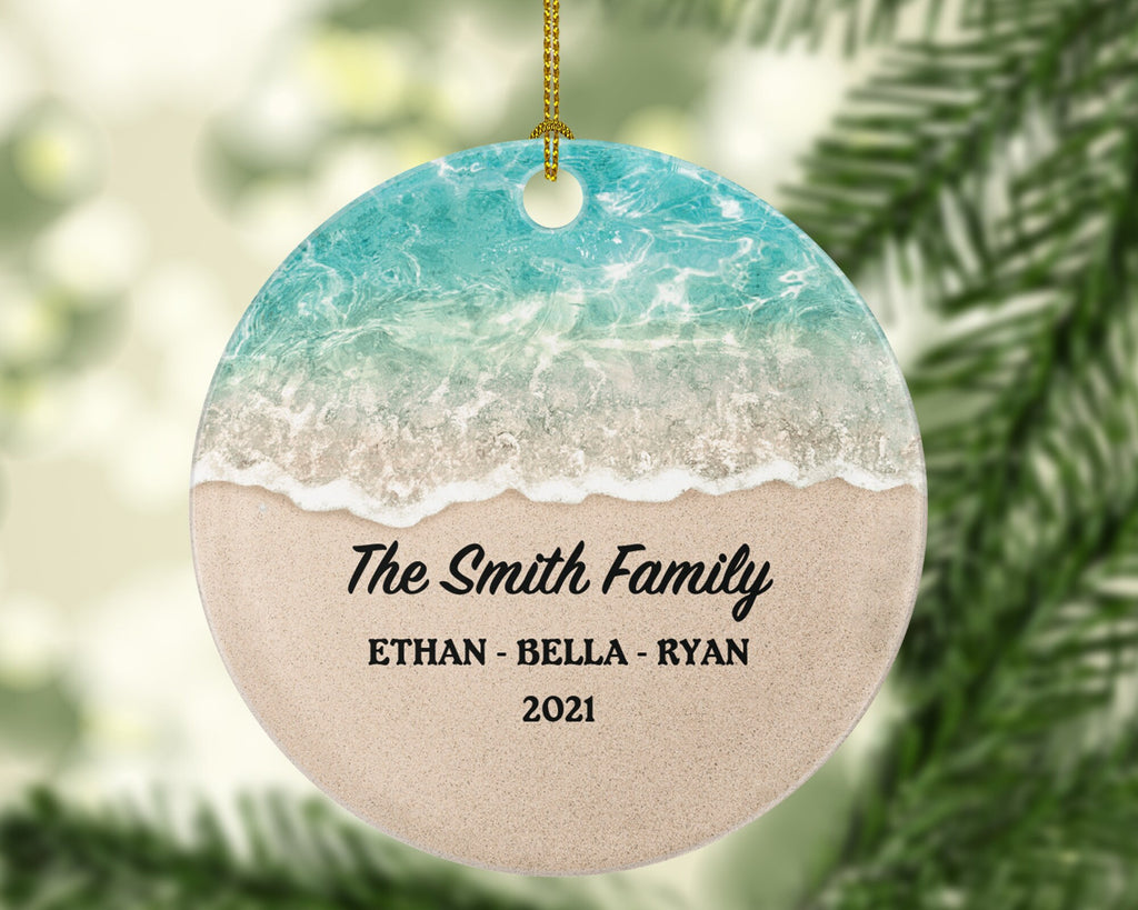 Personalized Family Christmas Ornament - Gift for Family of 2 3 4 5 6 - Custom Family Name Year Christmas Ceramic Ornament - Beach Colors