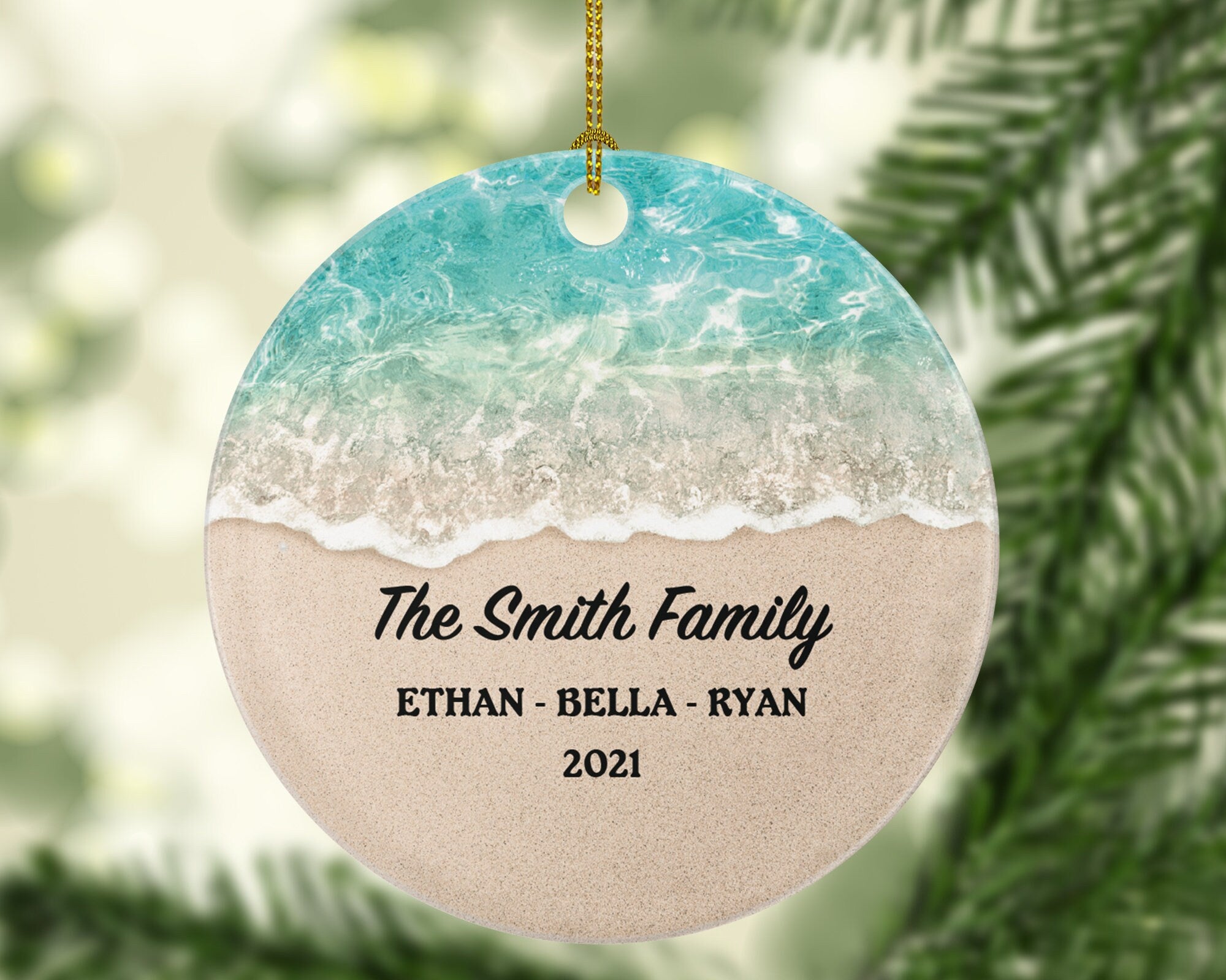 Personalized Family Christmas Ornament - Gift for Family of 2 3 4 5 6 - Custom Family Name Year Christmas Ceramic Ornament - Beach Colors