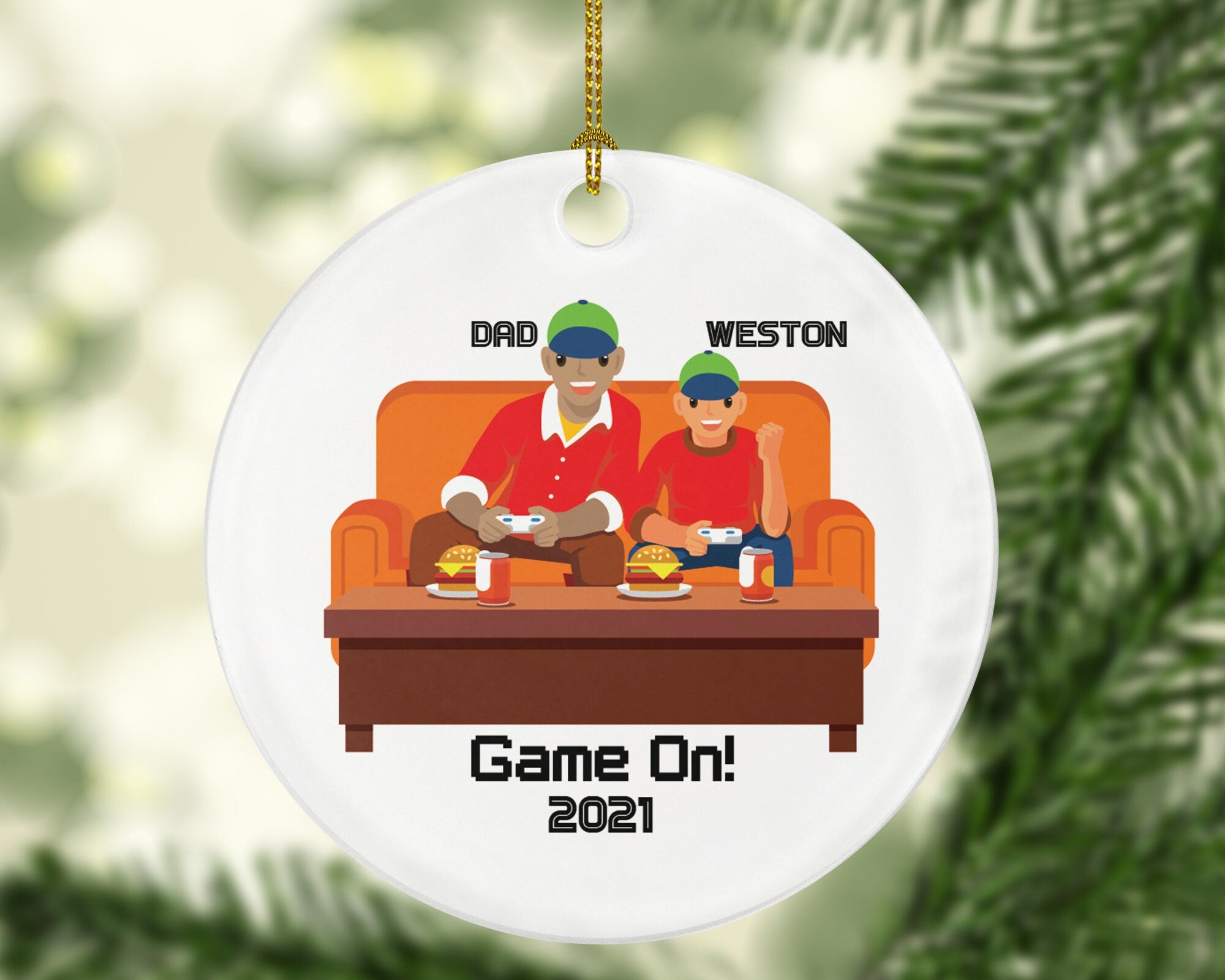 Personalized Playing Video Game Player Father Son Dad Boy Christmas Ornament for Tree Gamer Boy Controller Addict