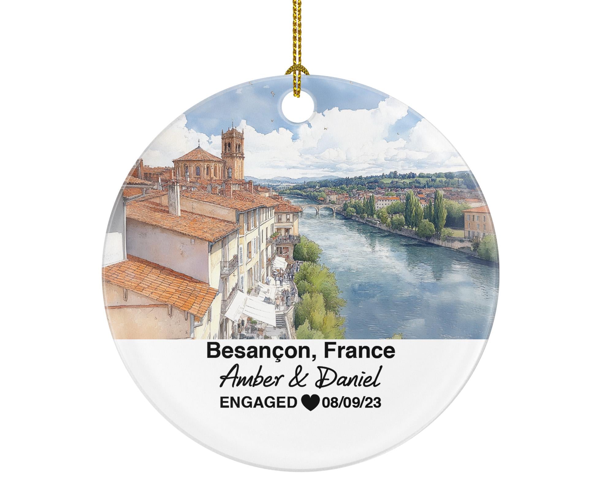 Personalized Besancon France Christmas Ornament, Citadelle de Besançon, Mr & Mrs Wedding, Engagement, or Honeymoon Keepsake for Couples