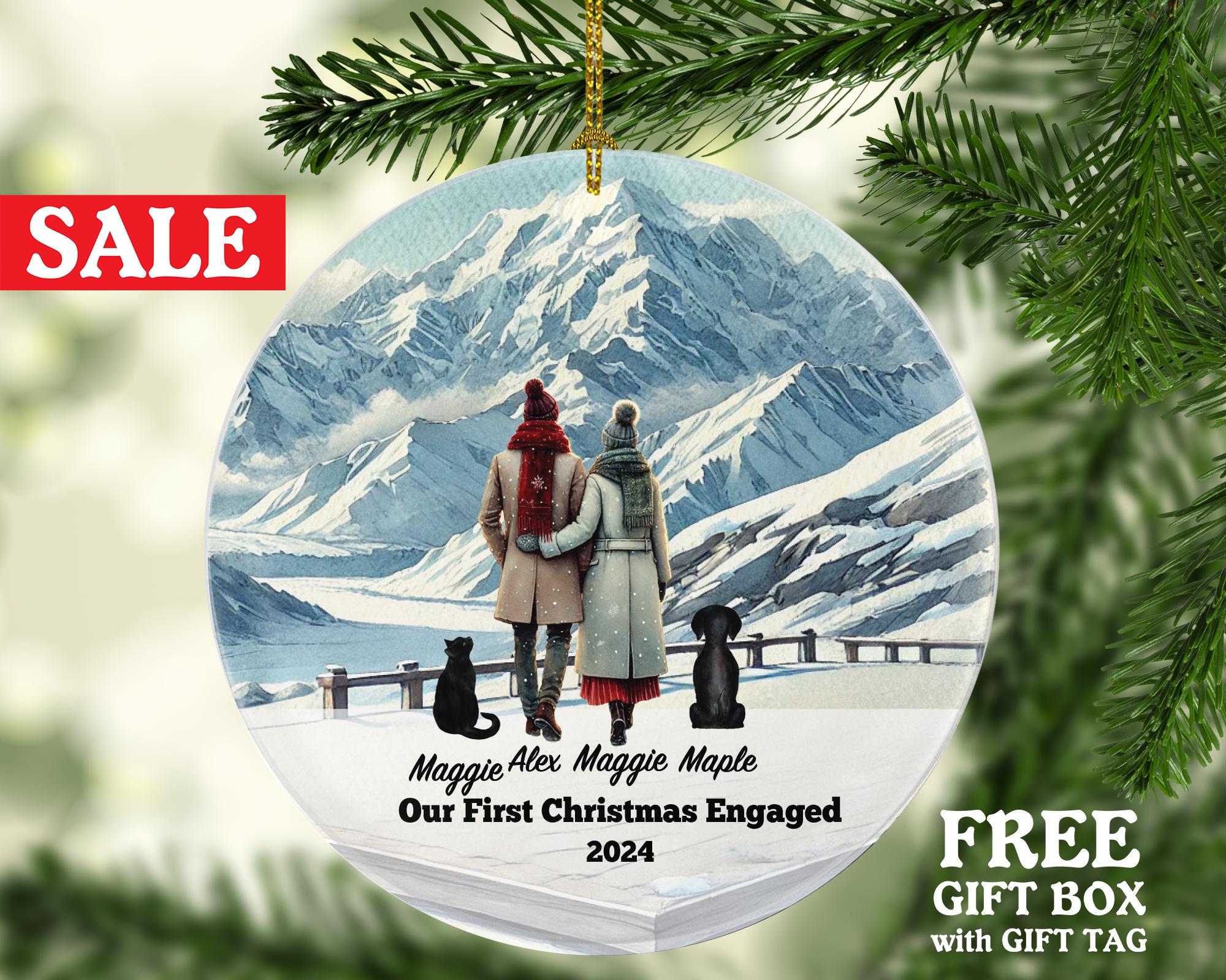 Engaged Couple Mountain Pet Dog Cat Owner Personalized Christmas Ornament First Engagement Announcement Custom Lover Gift Fur Holiday Rescue