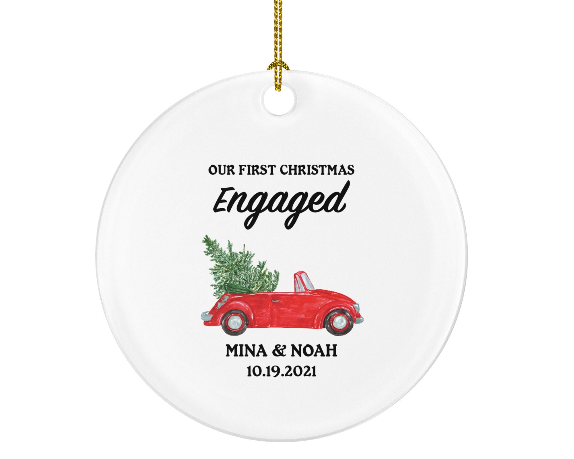 First Christmas Engaged Convertible Red Car Ornament - Couple Personalized Engagement Gift Custom Names & Year Just Newly Engaged