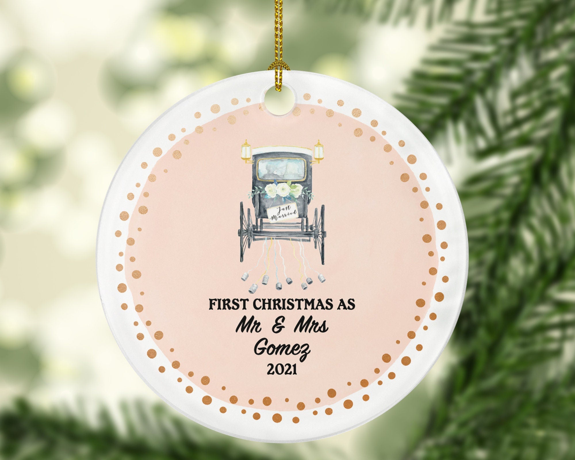 First Christmas Mr & Mrs Wedding Ornament Personalized - Just Married Phaeton with Horse Carriage Vintage Wedding Gift Couple Newlywed Bride