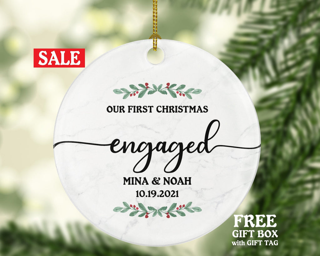 Our First Christmas Engaged Personalized Ornament - Engagement Announcement Couple Gift