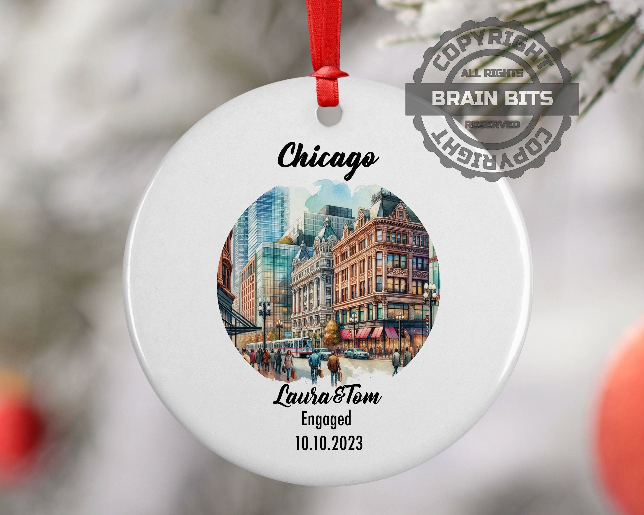 Chicago Ornament, Engagement, Married, Travel, Gift for Engaged Couple, Engagement Gift, Trip, Vacation Souvenir