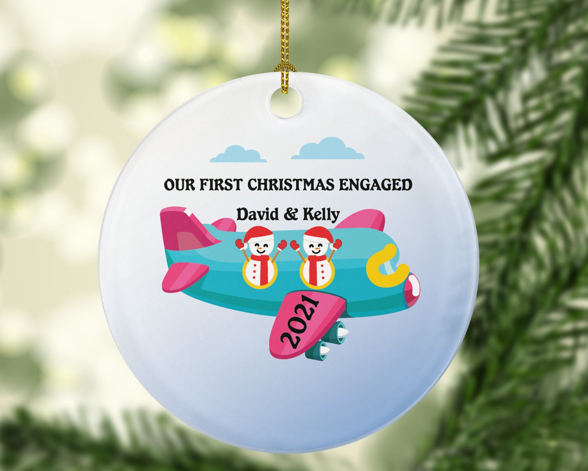 Our First Christmas Engaged Airplane Ride Vacation Personalized Christmas Ornament, Engagement Christmas Ornament, Newly Engaged Travel